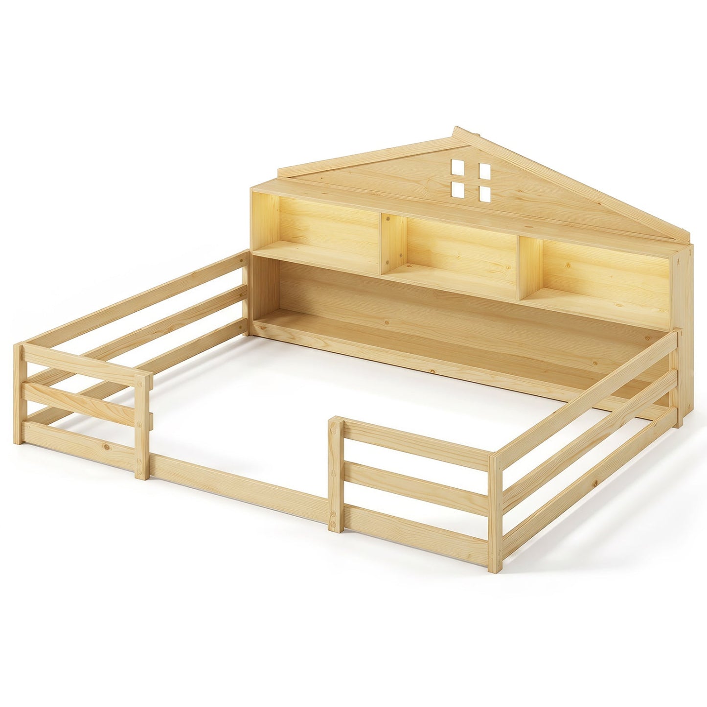 Full Size Montessori Floor Bed with Storage and LED Lights