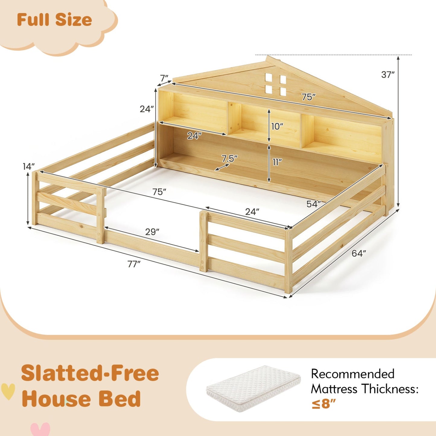 Full Size Montessori Floor Bed with Storage and LED Lights