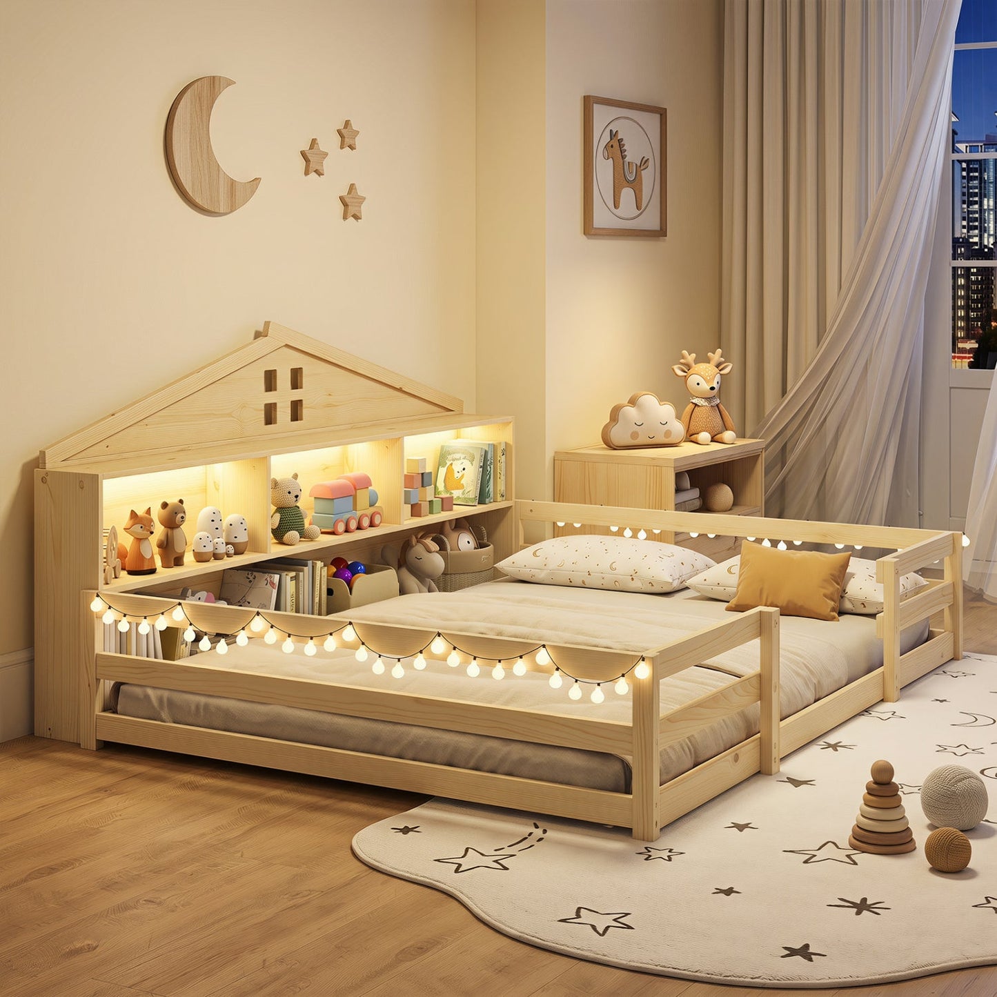 Full Size Montessori Floor Bed with Storage and LED Lights