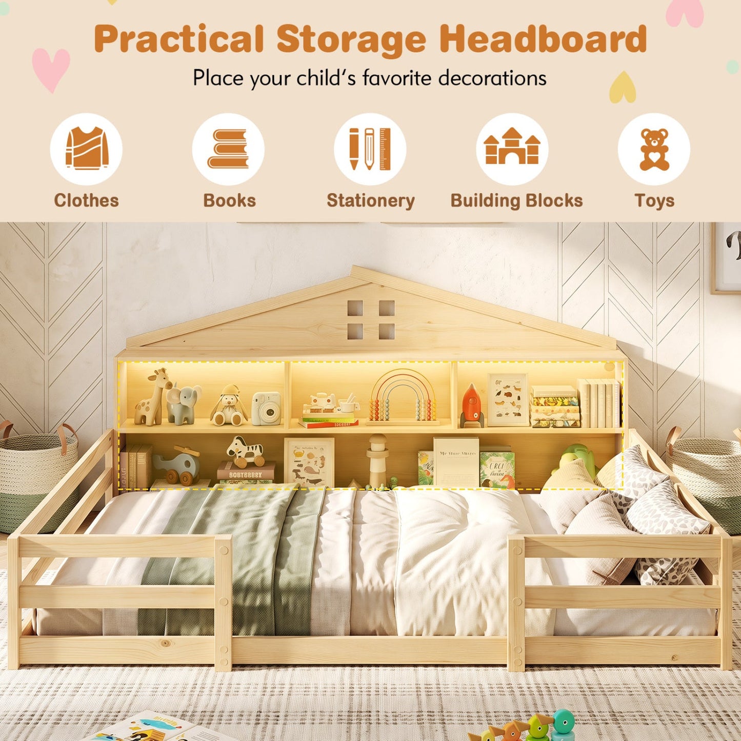 Full Size Montessori Floor Bed with Storage and LED Lights