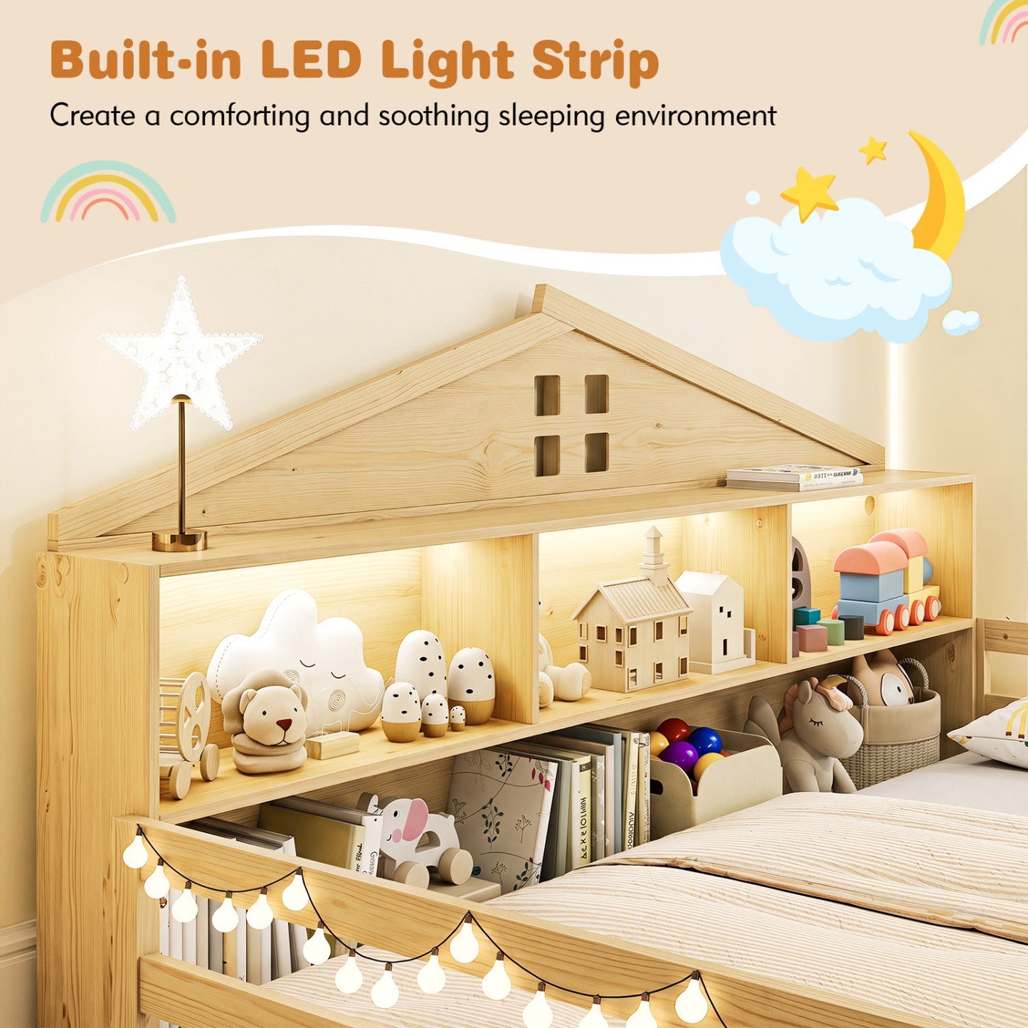 Full Size Montessori Floor Bed with Storage and LED Lights