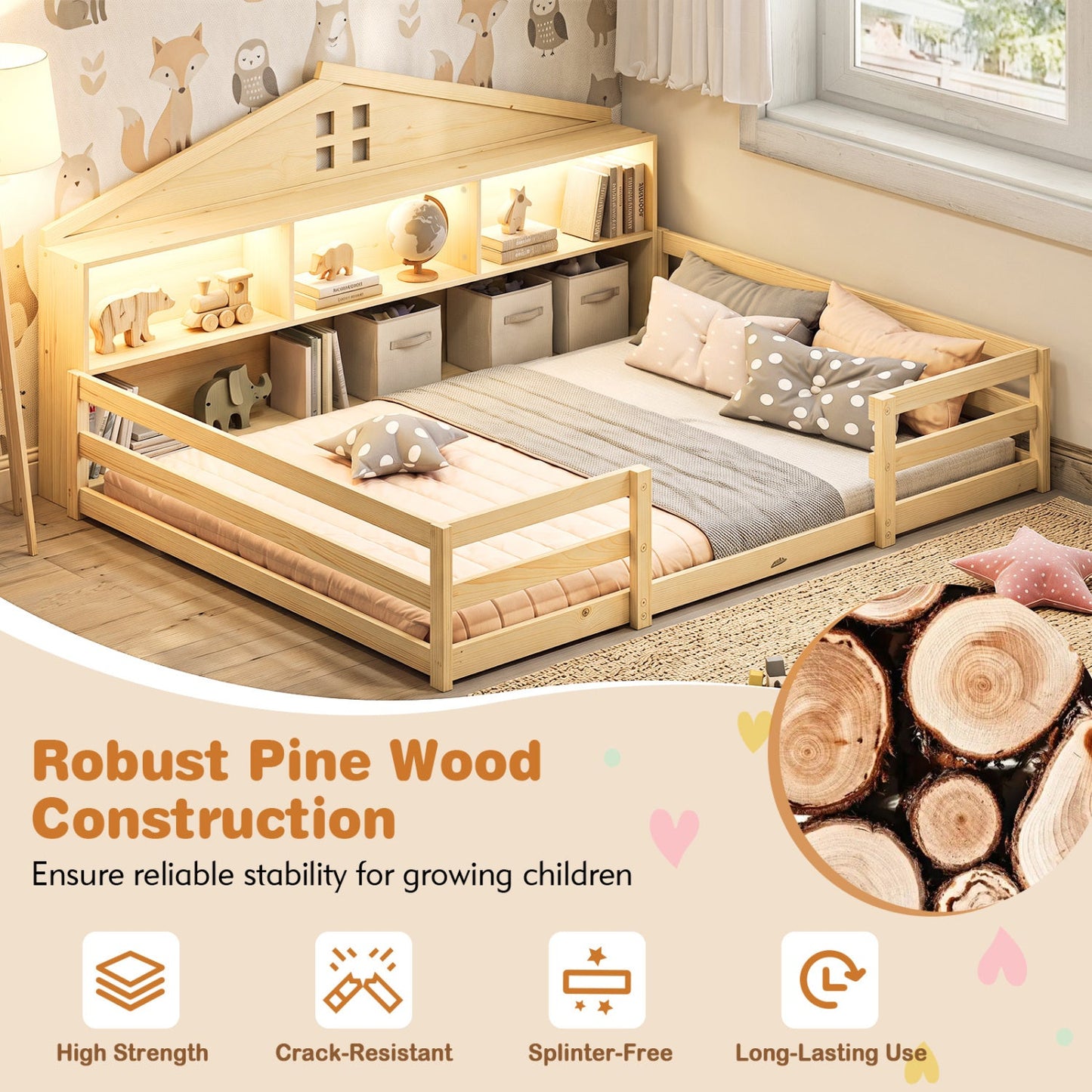 Full Size Montessori Floor Bed with Storage and LED Lights