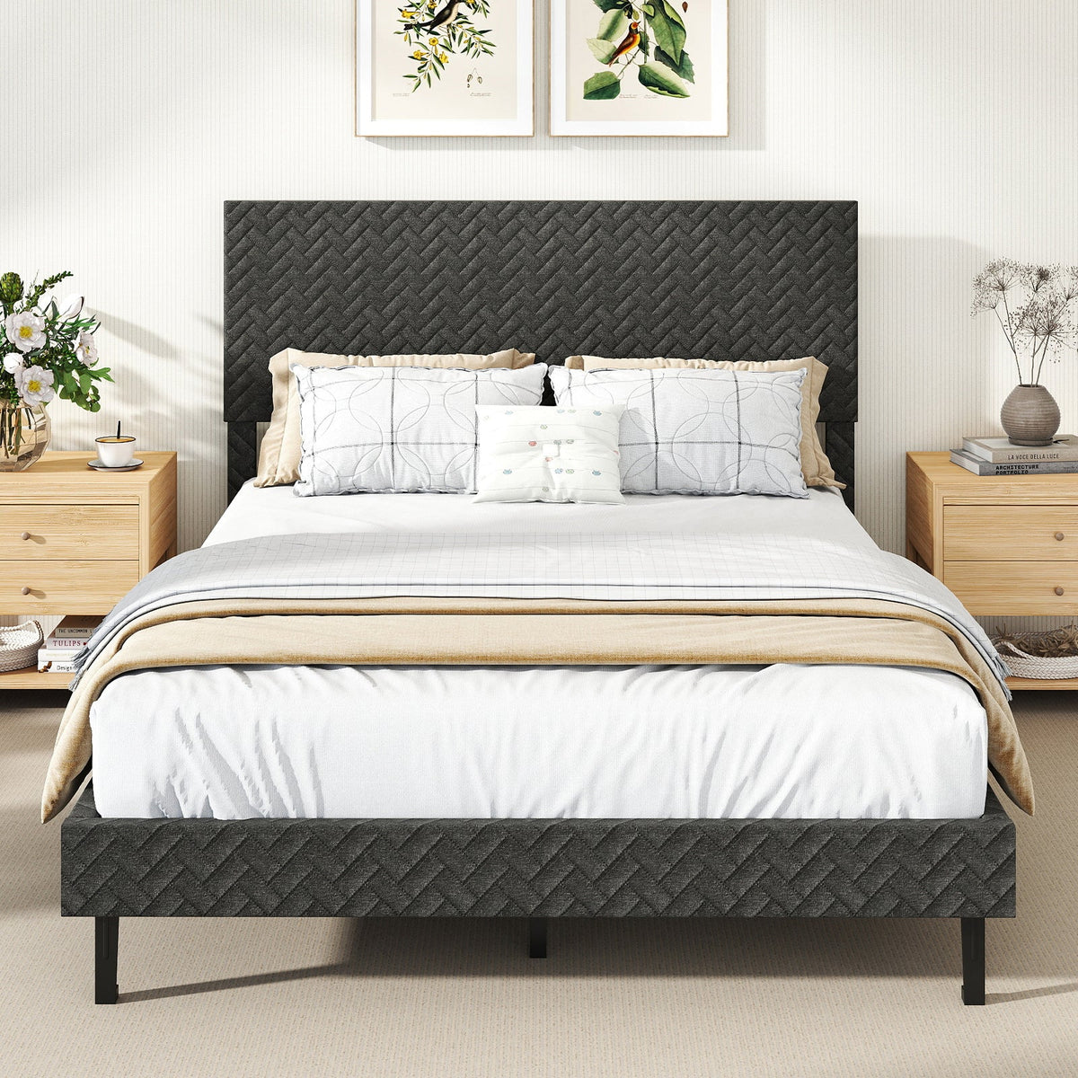 Twin/Full/Queen Size Velvet Bed Frame Upholstered Platform Bed with Chevron Headboard Gray