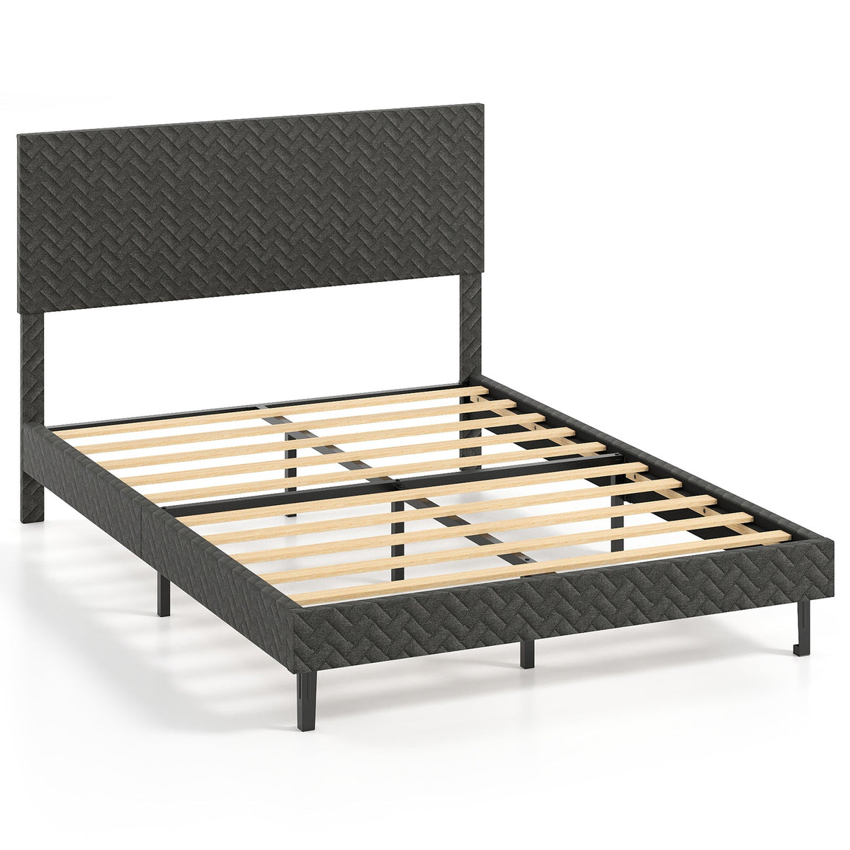 Twin/Full/Queen Size Velvet Bed Frame Upholstered Platform Bed with Chevron Headboard Gray
