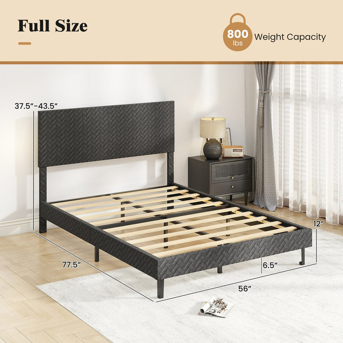 Twin/Full/Queen Size Velvet Bed Frame Upholstered Platform Bed with Chevron Headboard Gray