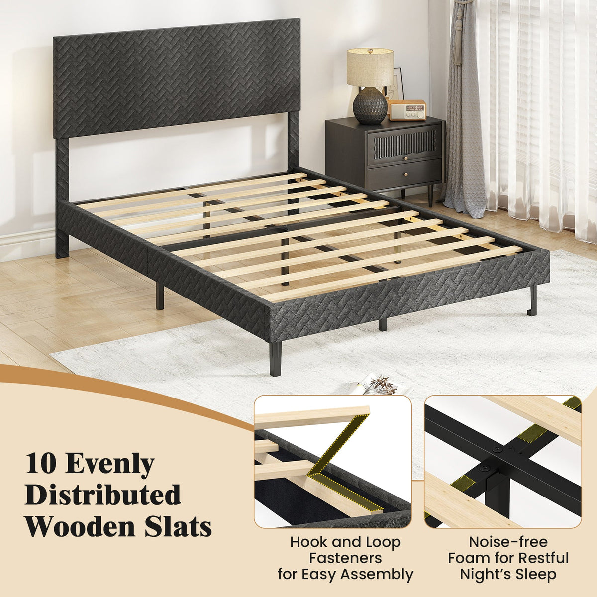 Twin/Full/Queen Size Velvet Bed Frame Upholstered Platform Bed with Chevron Headboard Gray