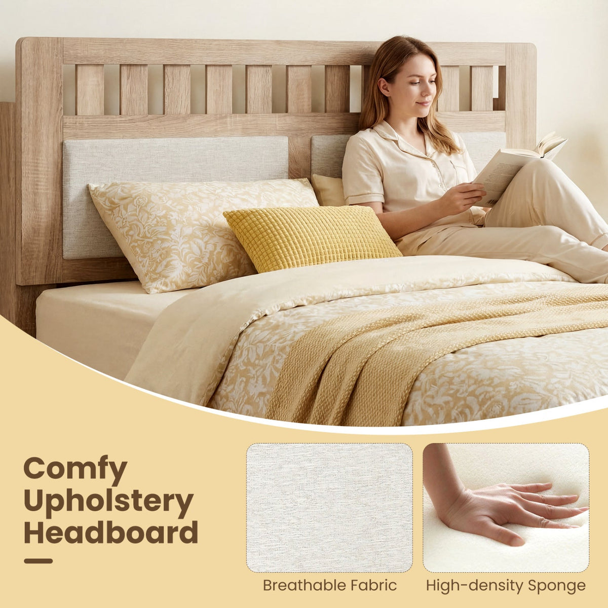 Twin Size Wood Bed Frame with Upholstered Headboard Mid Century Style