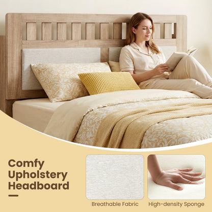 Twin Size Wood Bed Frame with Upholstered Headboard Mid Century Style