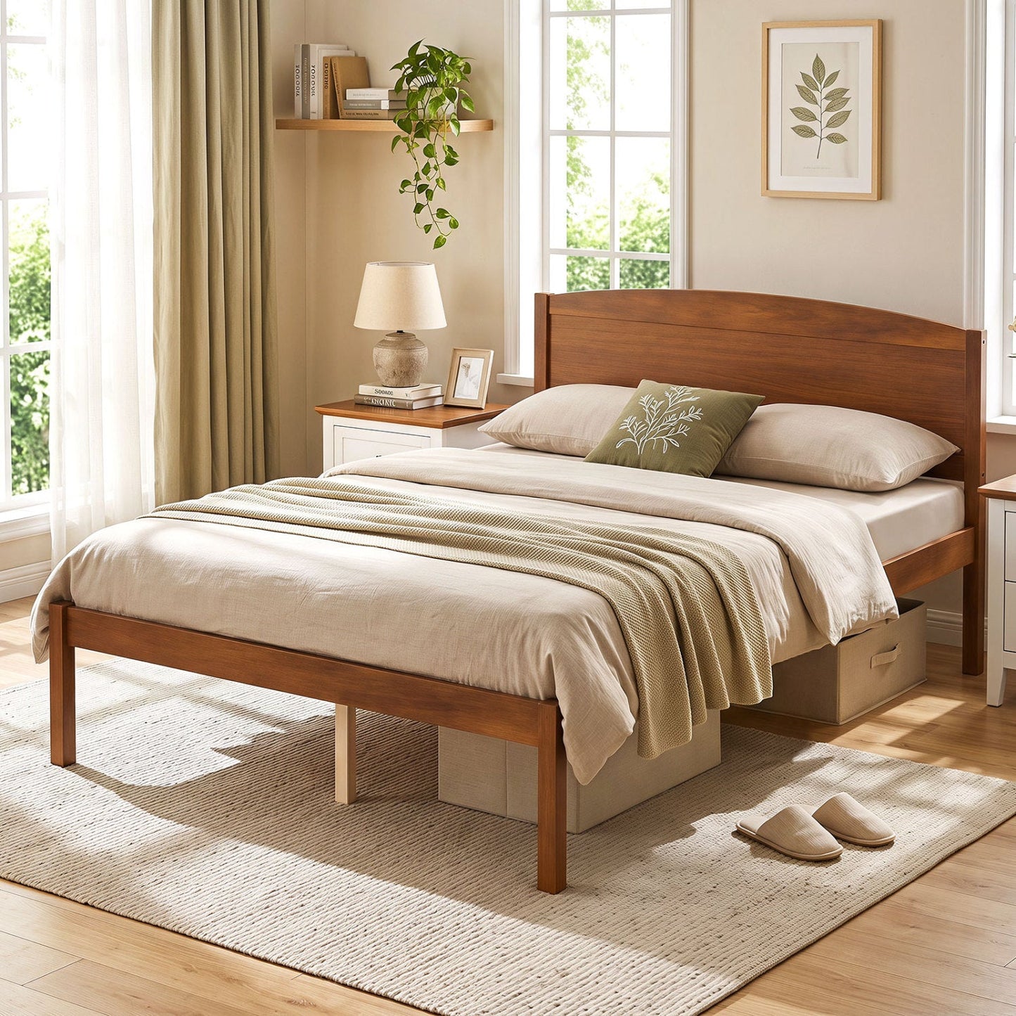 Full Size Wooden Platform Bed Frame with Curved Headboard