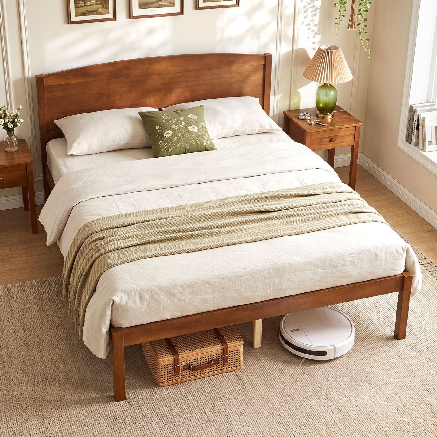 Full Size Wooden Platform Bed Frame with Curved Headboard