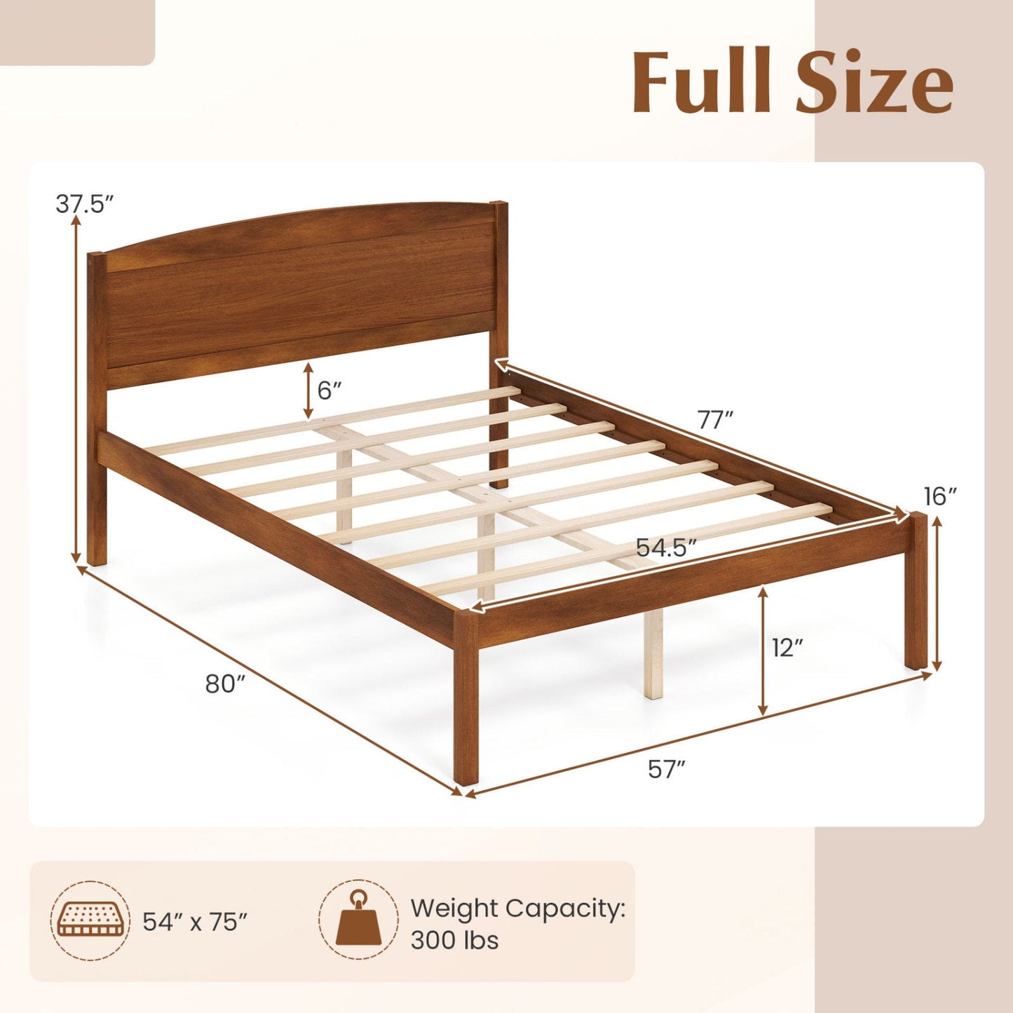 Full Size Wooden Platform Bed Frame with Curved Headboard
