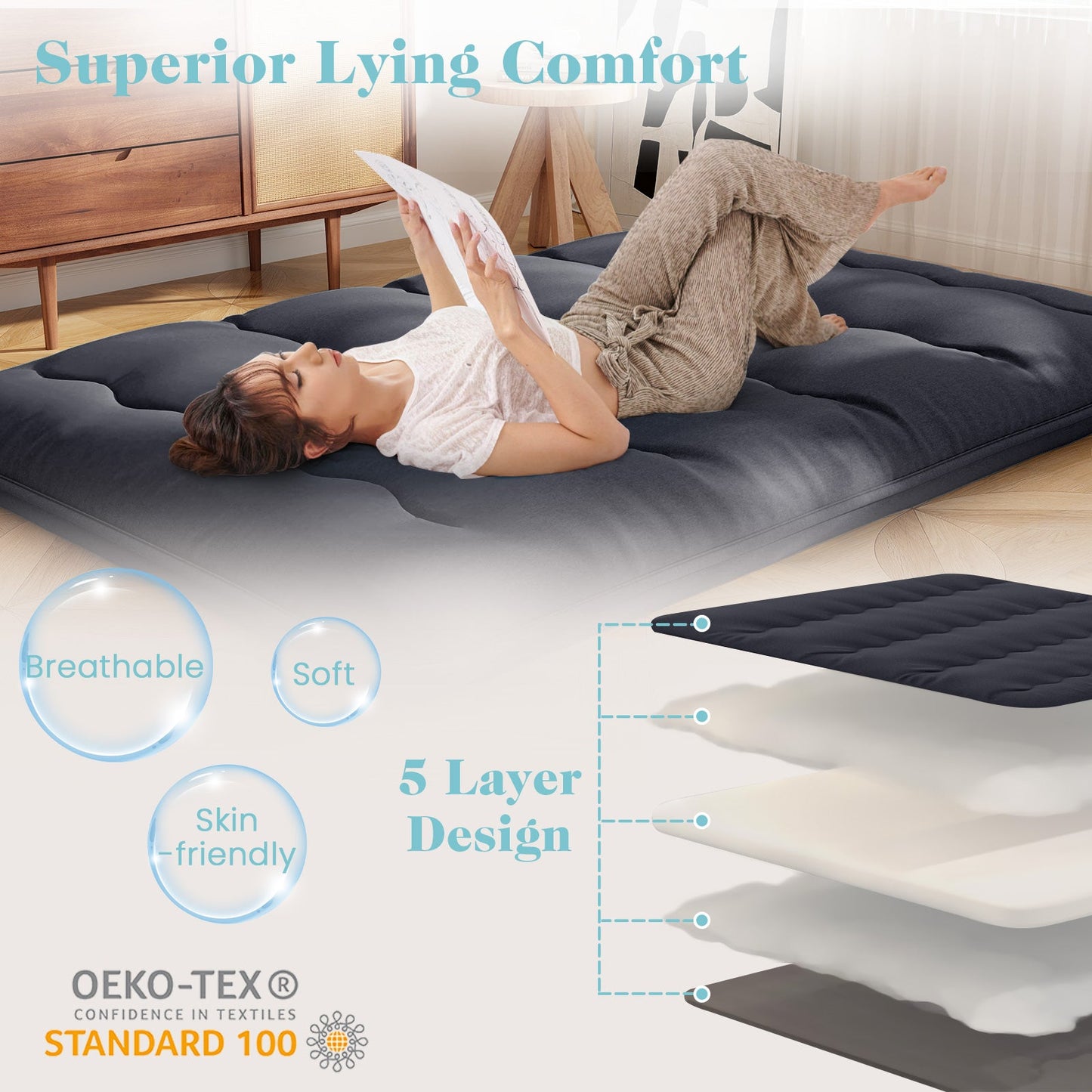 Futon Mattress with Washable Cover and Foldable Mat