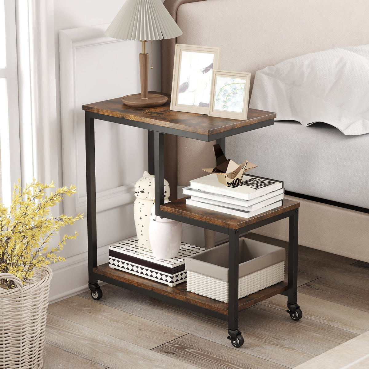G-shaped Side Table 3-Tier Mobile End Table with Open Shelves
