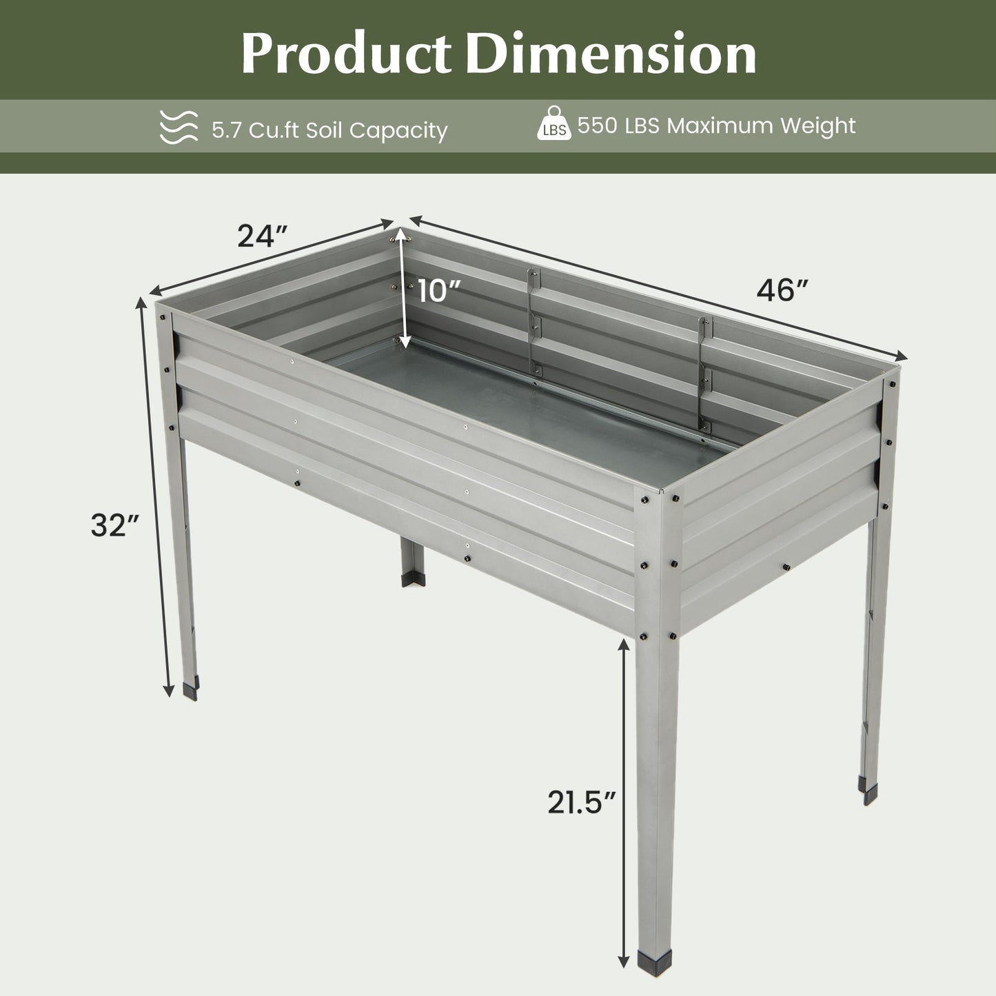Galvanized Raised Garden Bed Elevated Planter Box with Legs and Drainage Hole