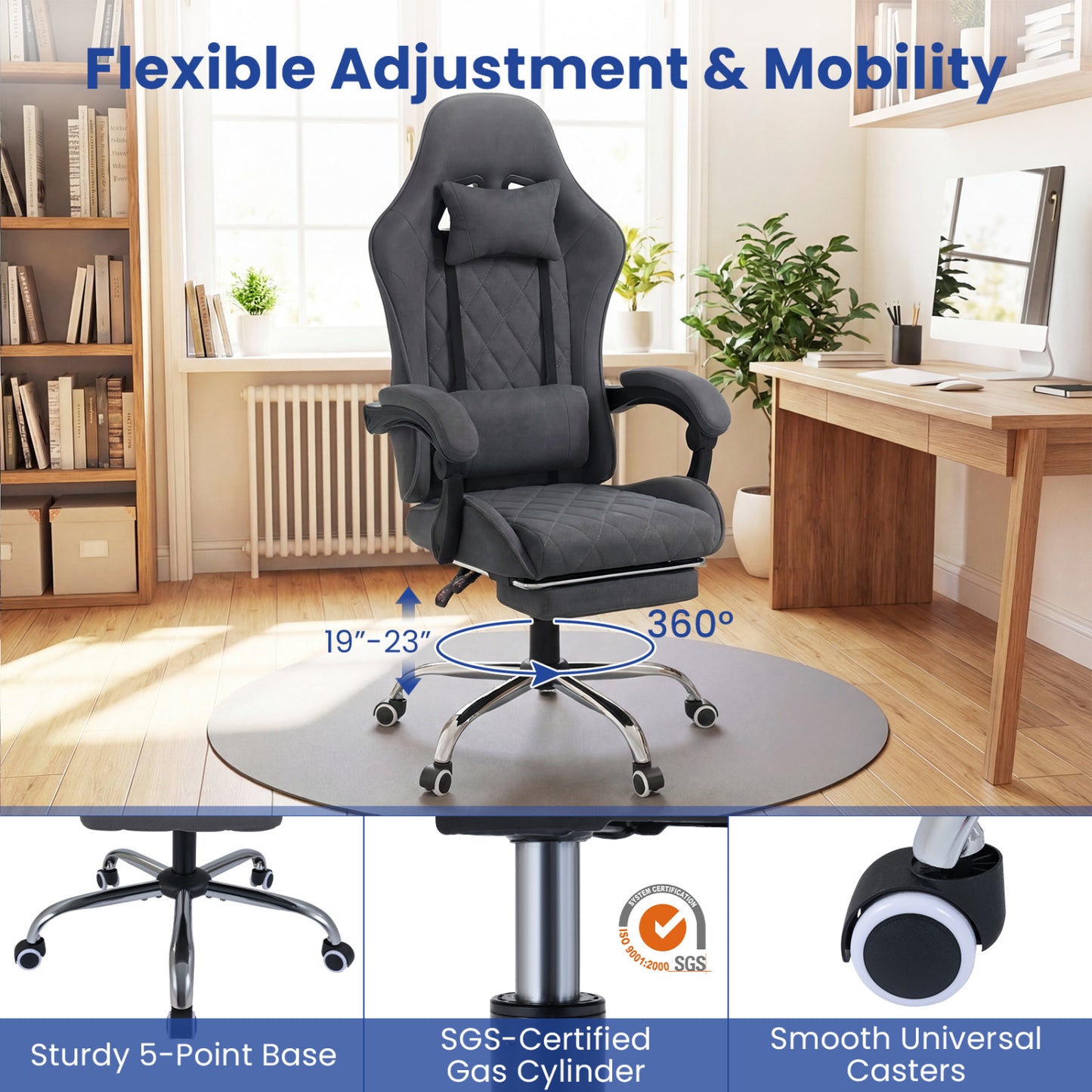 Gaming Chair with Adjustable Height & Lumbar Support - Gray