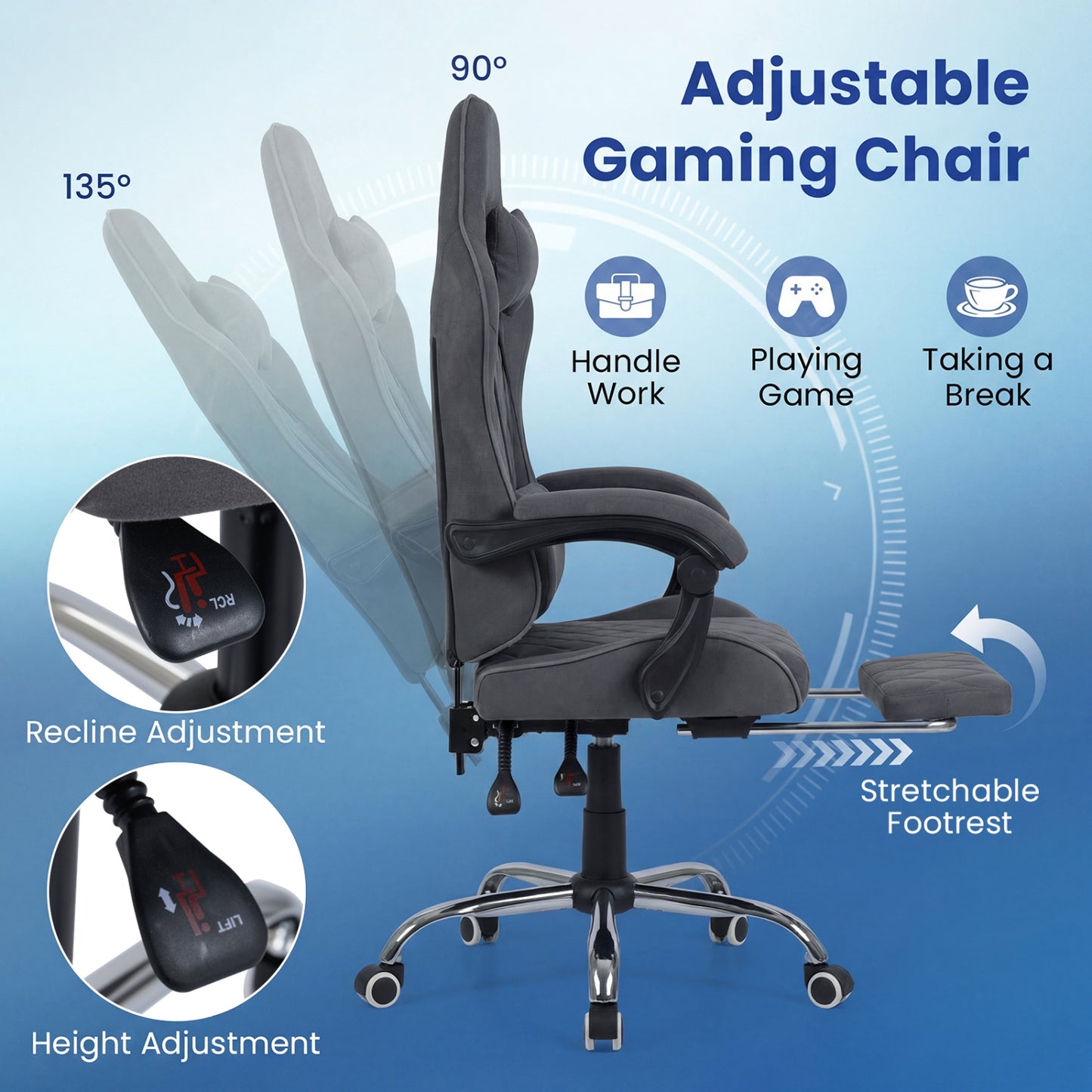 Gaming Chair with Adjustable Height & Lumbar Support - Gray