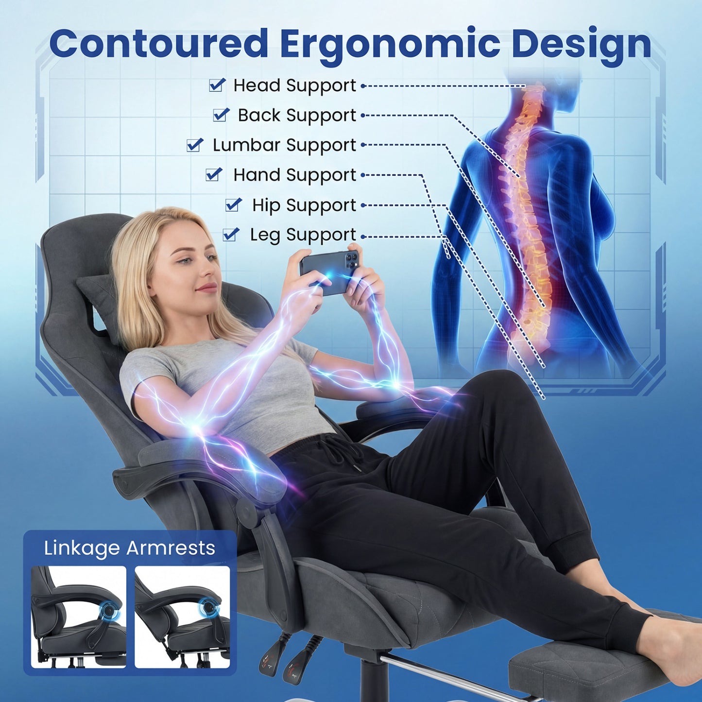Gaming Chair with Adjustable Height & Lumbar Support - Gray