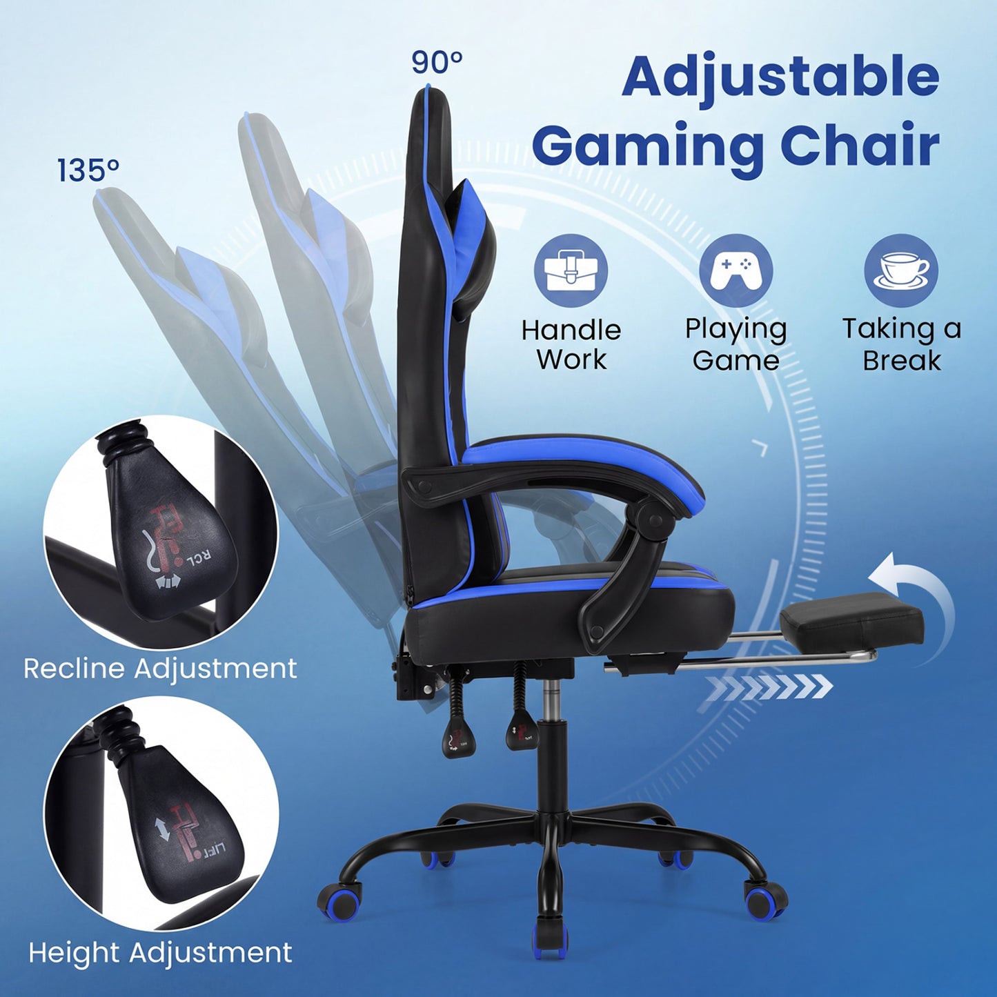 Gaming Chair with Adjustable Height & Reclining Backrest