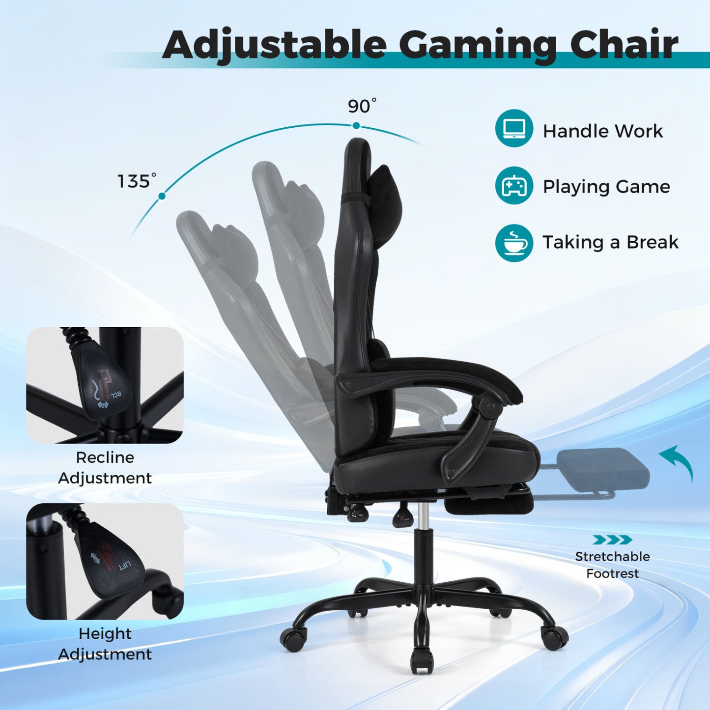 Gaming Chair with Lumbar Support and Adjustable Armrests