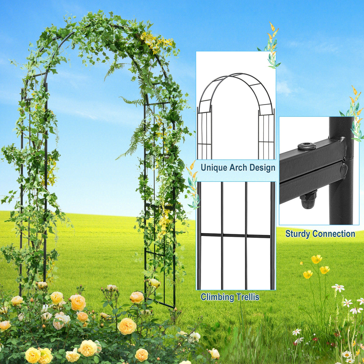 7.5 Feet Metal Garden Arch for Climbing Plants and Outdoor Garden Decor-Black