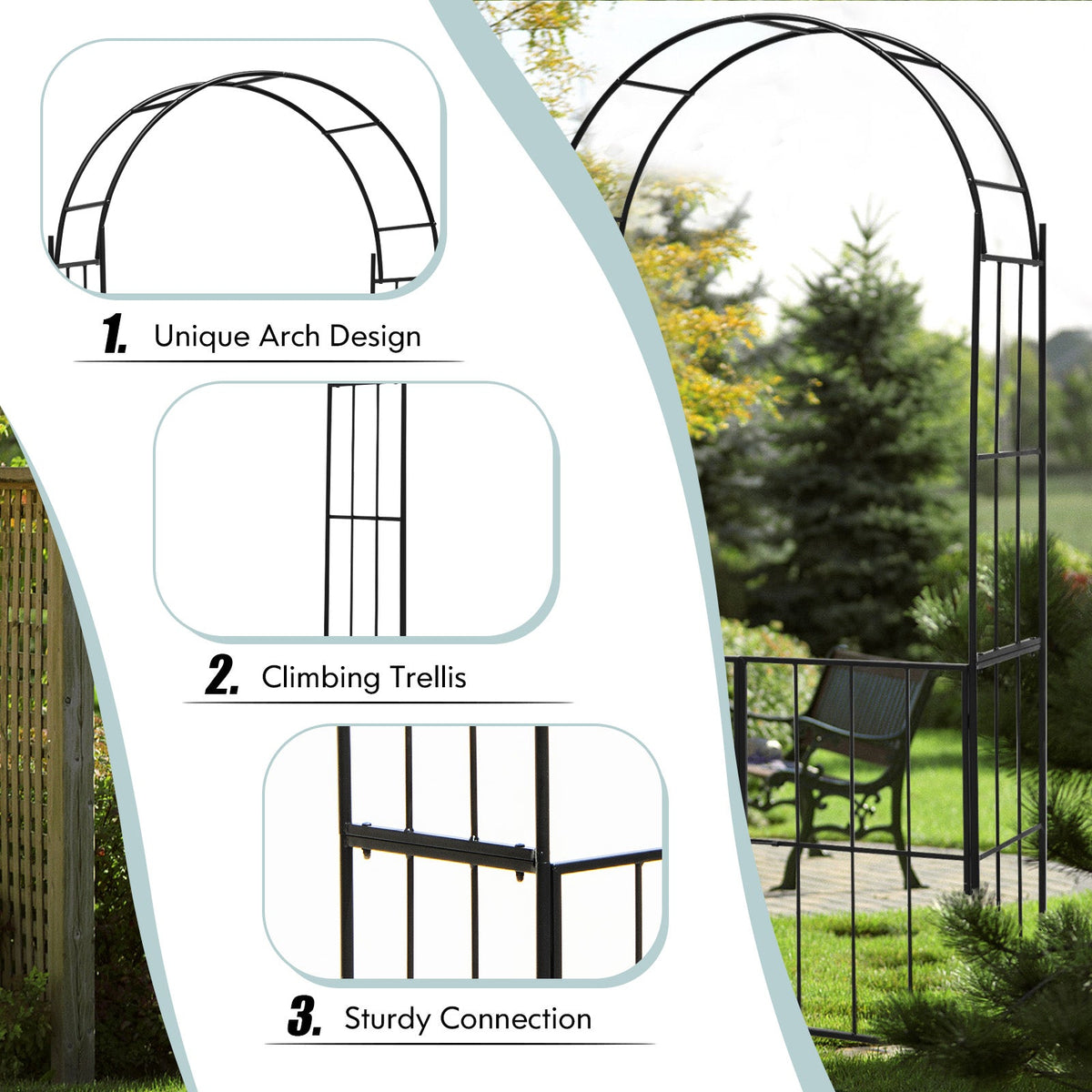 Garden Arch Arbor Trellis with Gate Patio Plant Stand Archway-Black