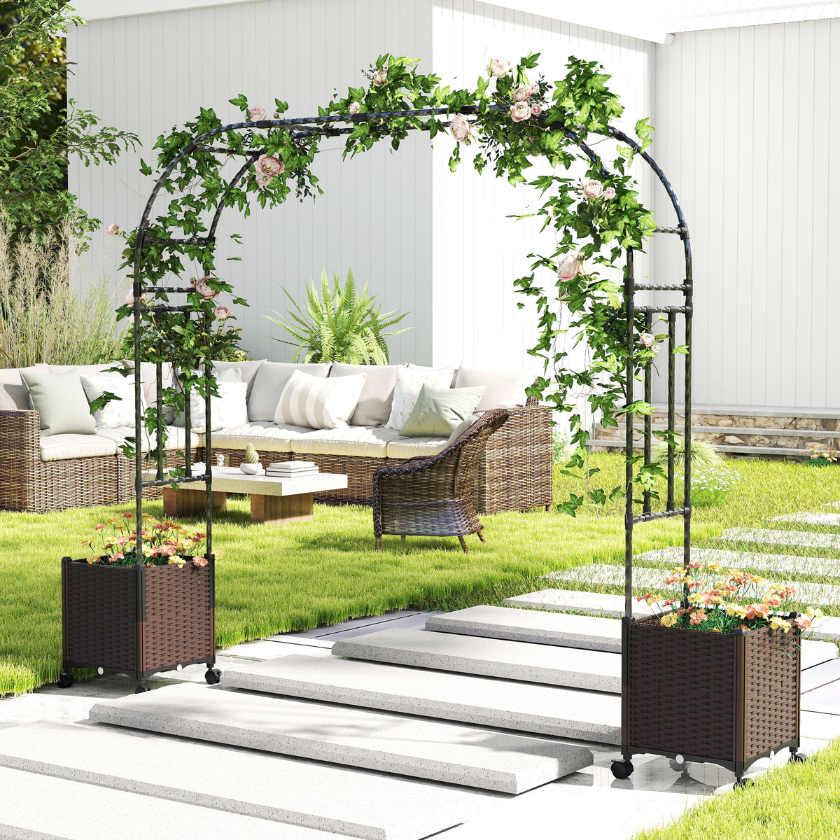 6.6 Feet Garden Arch Trellis with 2 Planter Boxes and Lockable Wheels-Black