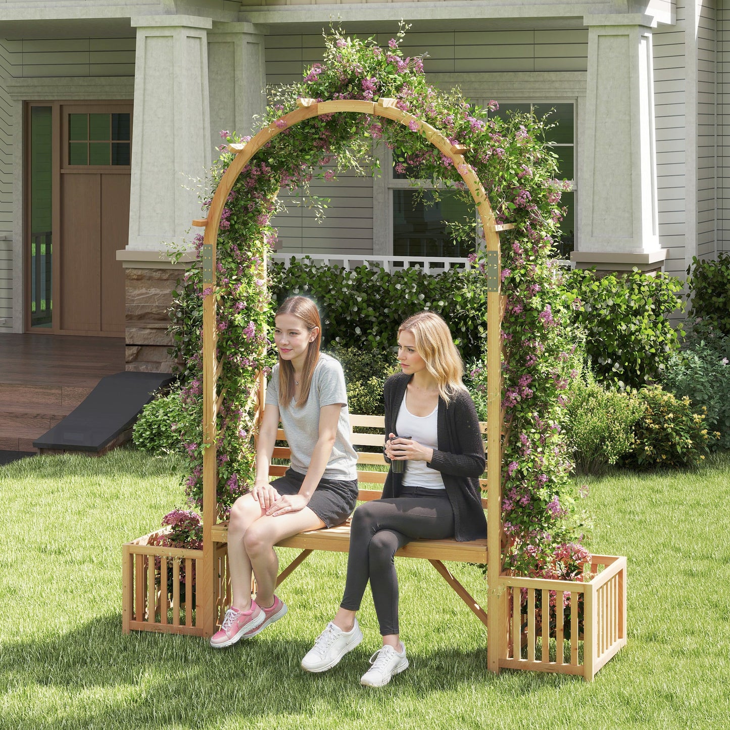 Garden Bench Arbor Arch Wooden Garden Arbor for Climbing Plants-Natural