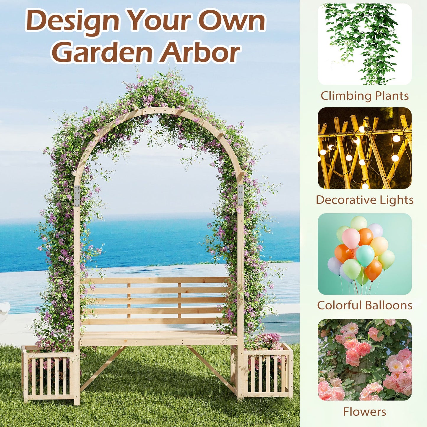 Garden Bench Arbor Arch Wooden Garden Arbor for Climbing Plants-Natural