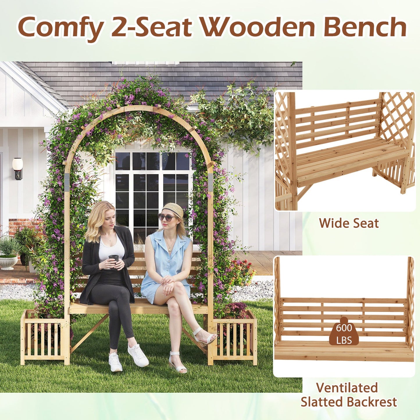 Garden Bench Arbor Arch Wooden Garden Arbor for Climbing Plants-Natural