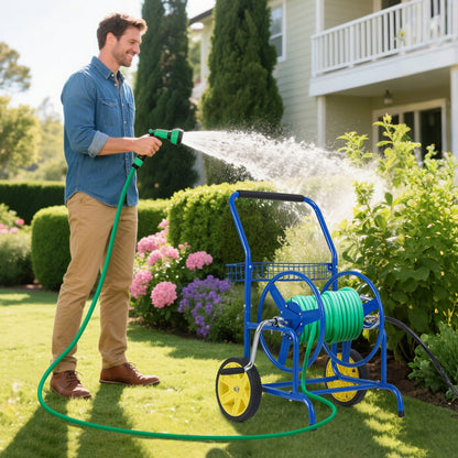 Garden Hose Reel Cart with 2 Wheels and Storage Basket