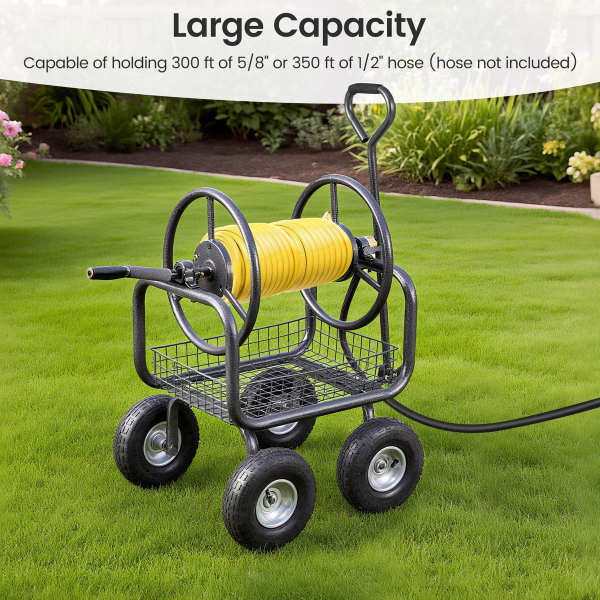 Garden Hose Reel Cart 300 Feet Large Capacity with 4 Wheels and Storage Basket-Gray