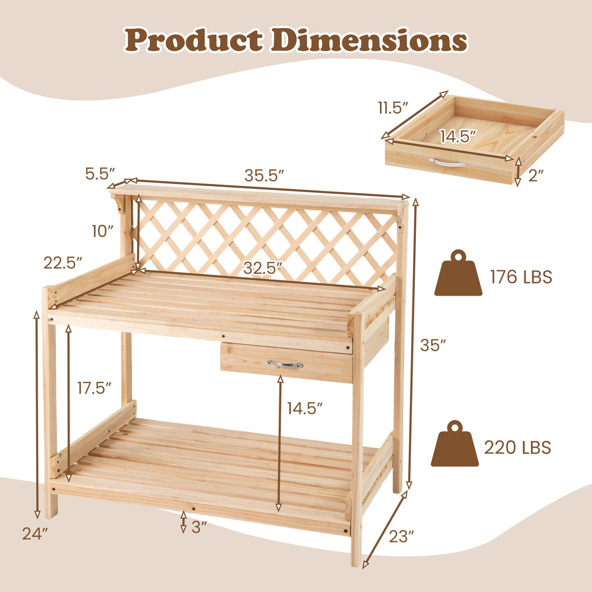 Garden Potting Bench Table Wooden Planting Workstation with Lattice Trellis