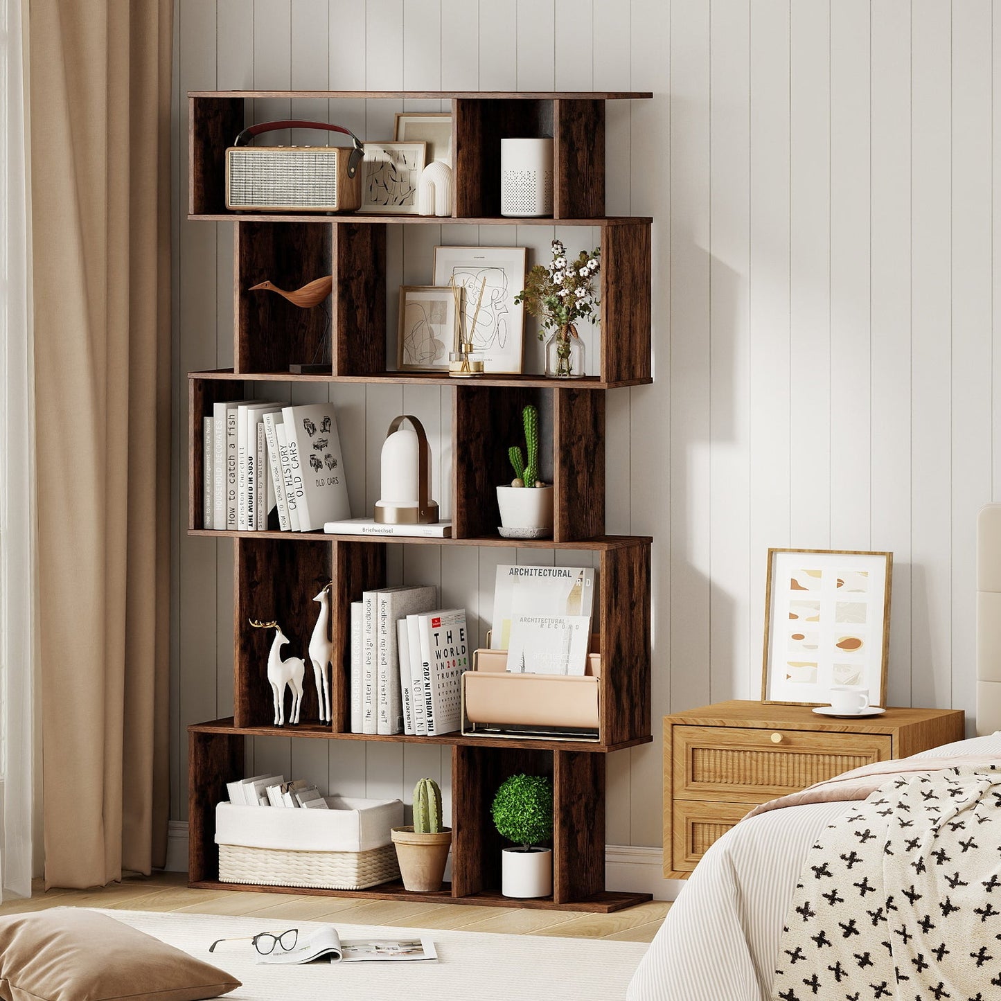 Geometric Bookshelf 5-Tier Bookcase with Open Shelves and Closed-back Cubes