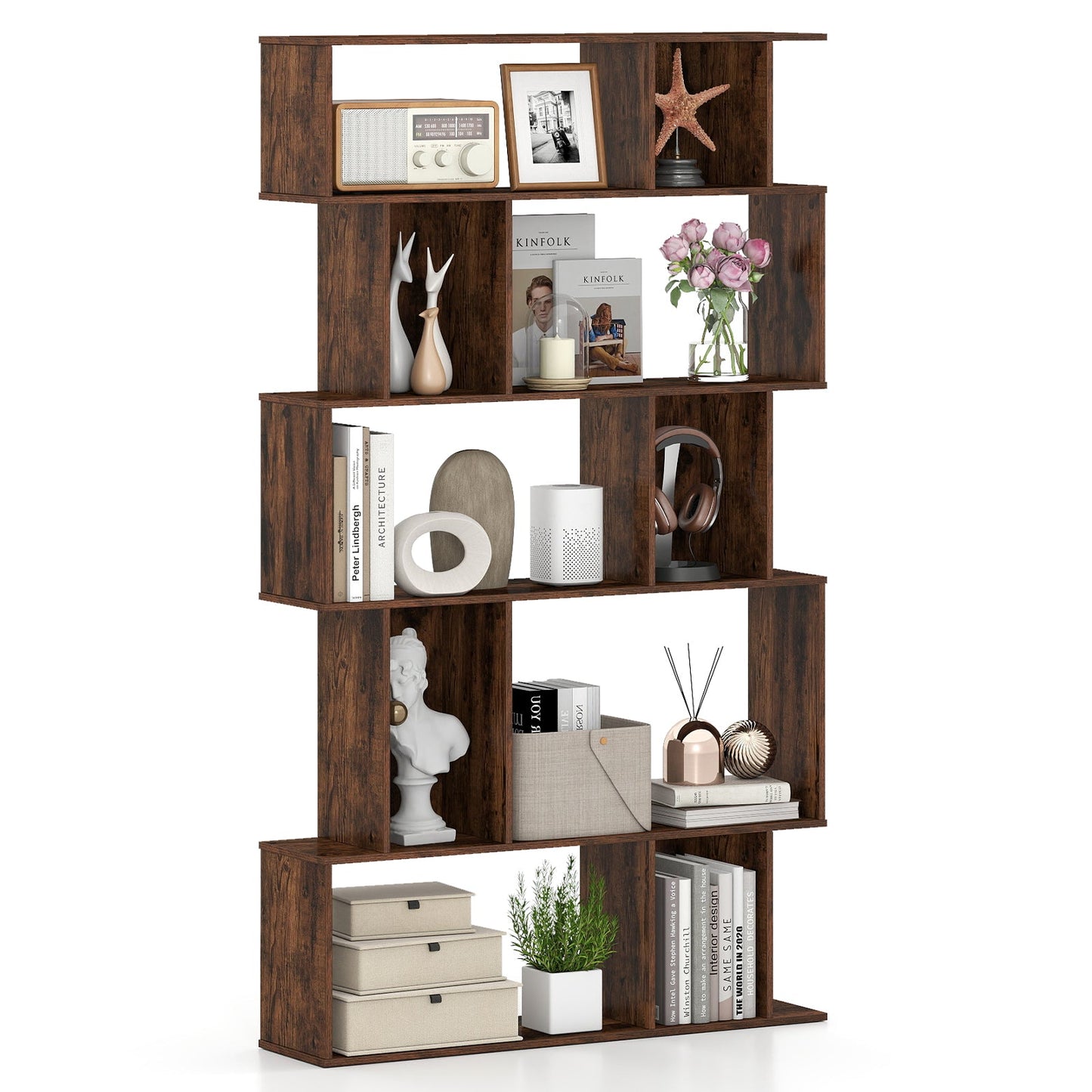 Geometric Bookshelf 5-Tier Bookcase with Open Shelves and Closed-back Cubes