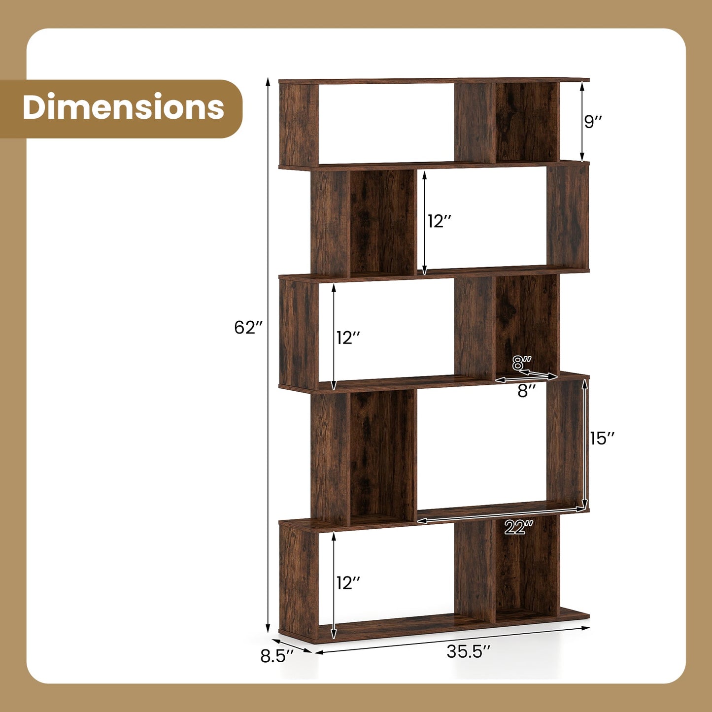 Geometric Bookshelf 5-Tier Bookcase with Open Shelves and Closed-back Cubes