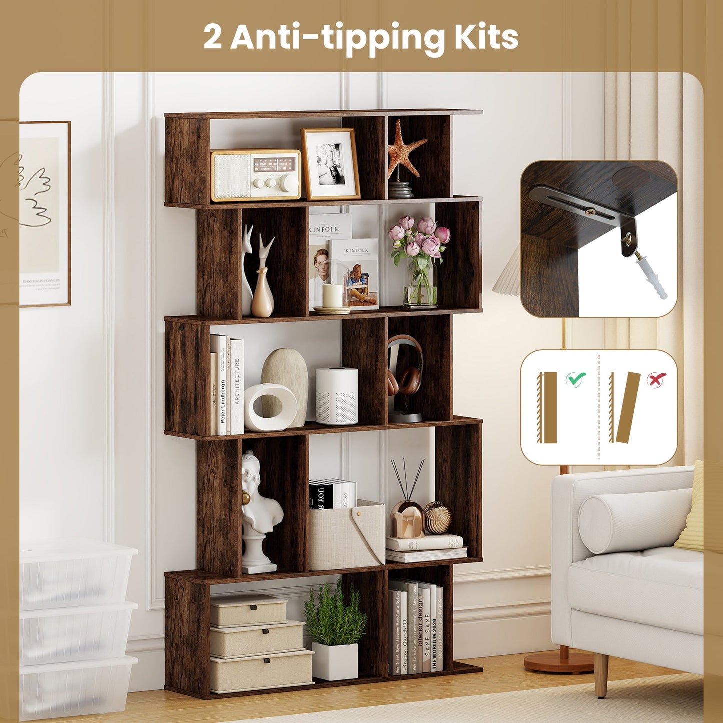 Geometric Bookshelf 5-Tier Bookcase with Open Shelves and Closed-back Cubes