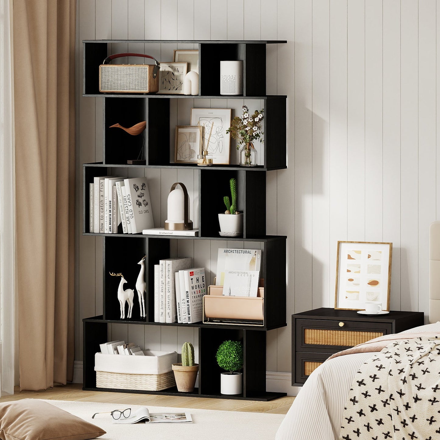 Geometric Bookshelf 5-Tier Bookcase with Open Shelves and Closed-back Cubes