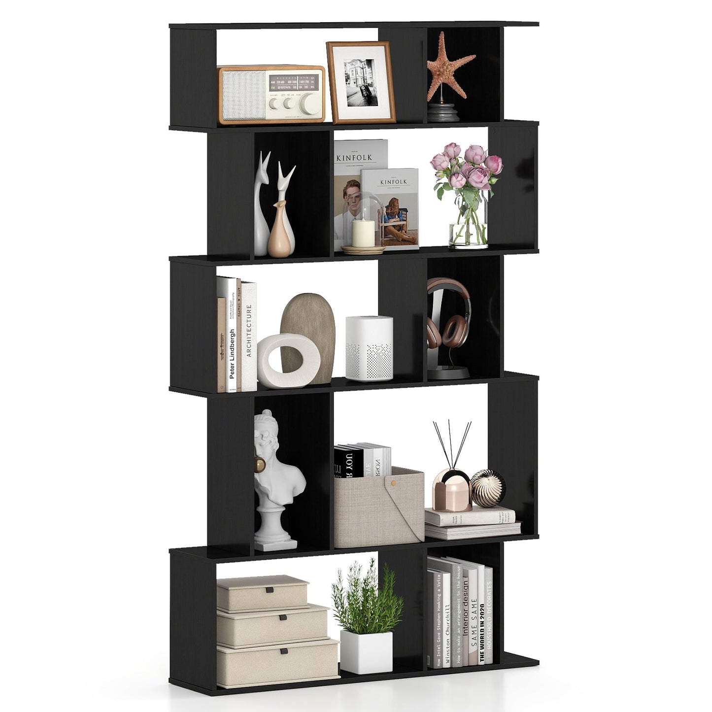 Geometric Bookshelf 5-Tier Bookcase with Open Shelves and Closed-back Cubes