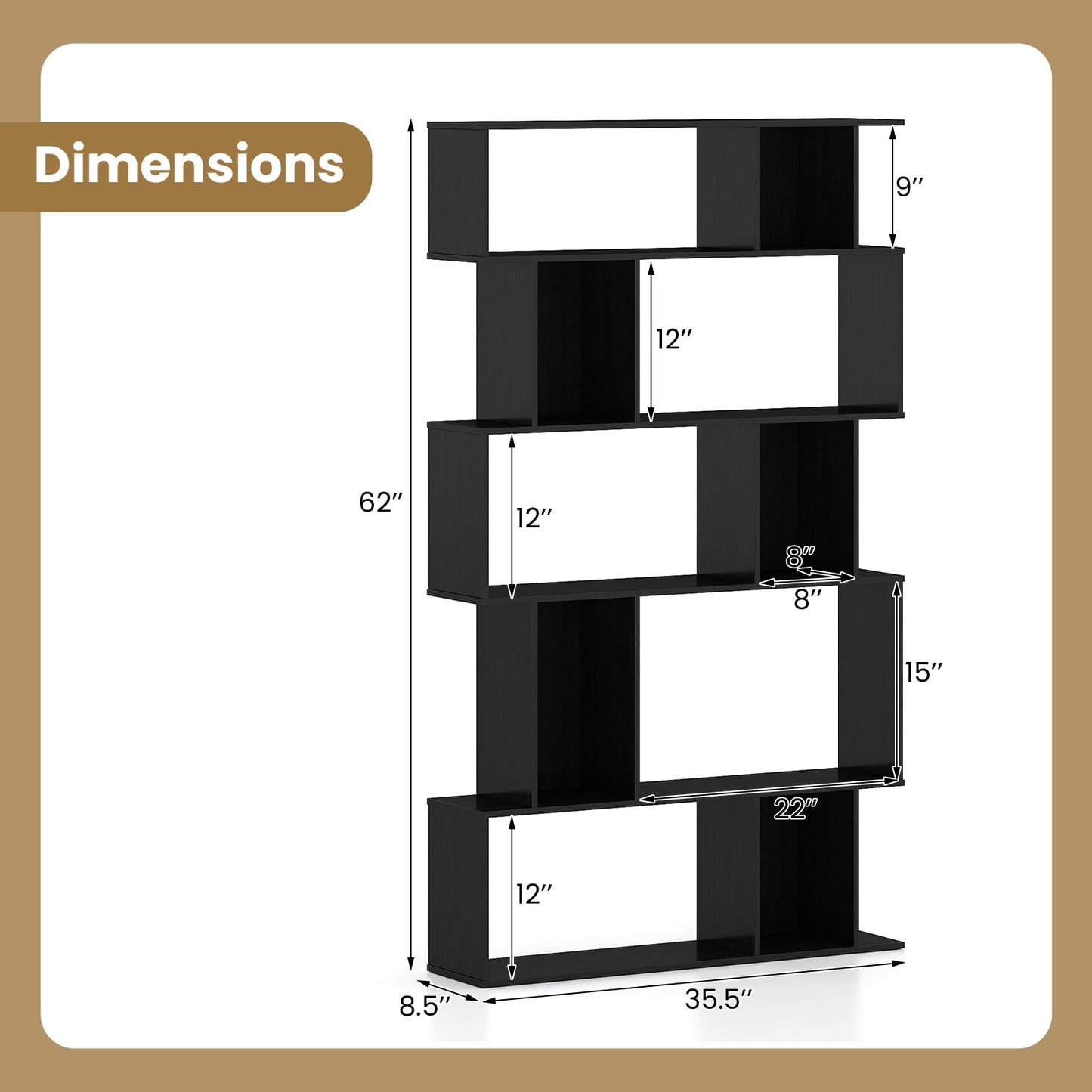 Geometric Bookshelf 5-Tier Bookcase with Open Shelves and Closed-back Cubes