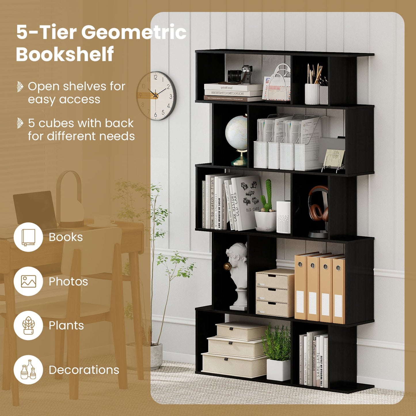 Geometric Bookshelf 5-Tier Bookcase with Open Shelves and Closed-back Cubes