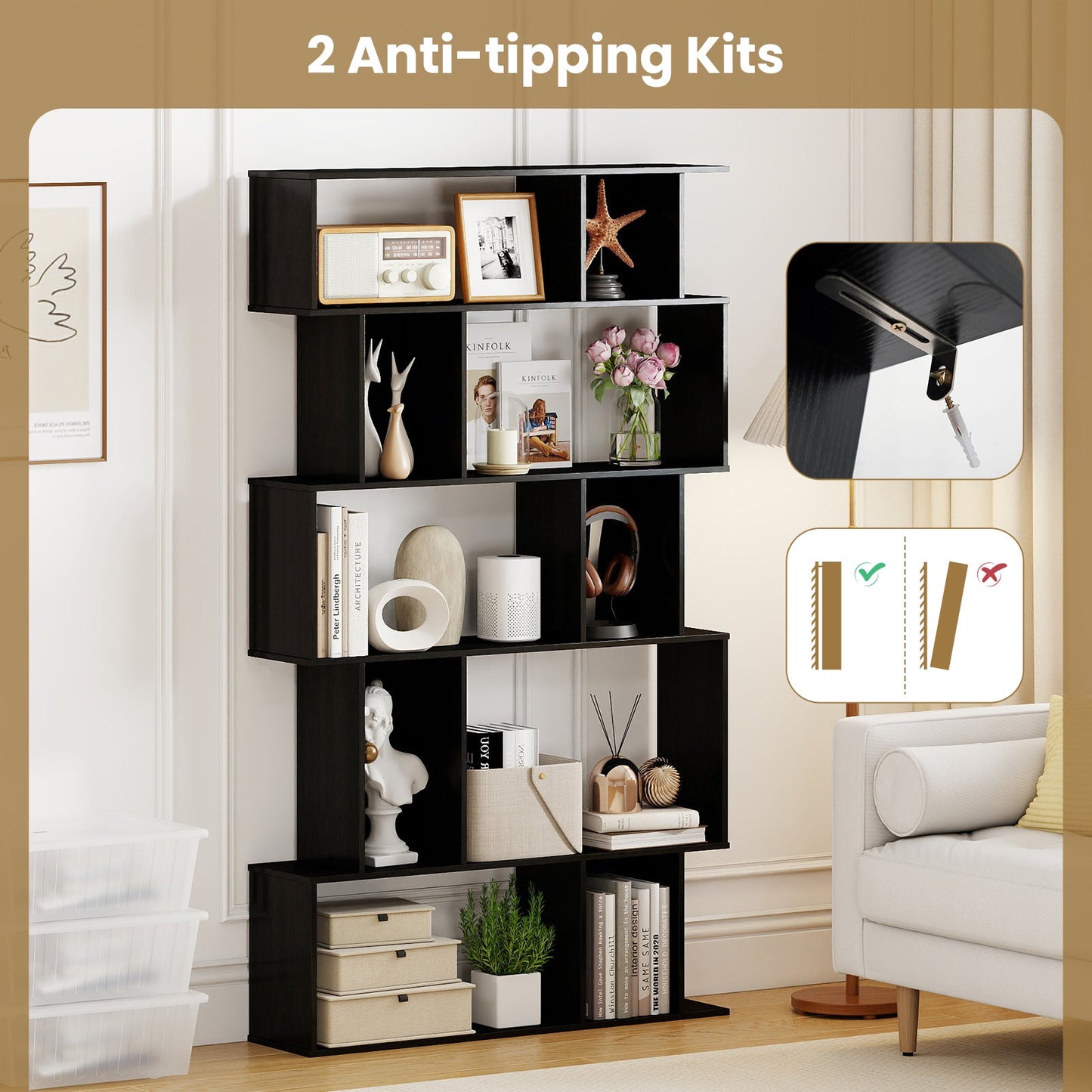 Geometric Bookshelf 5-Tier Bookcase with Open Shelves and Closed-back Cubes