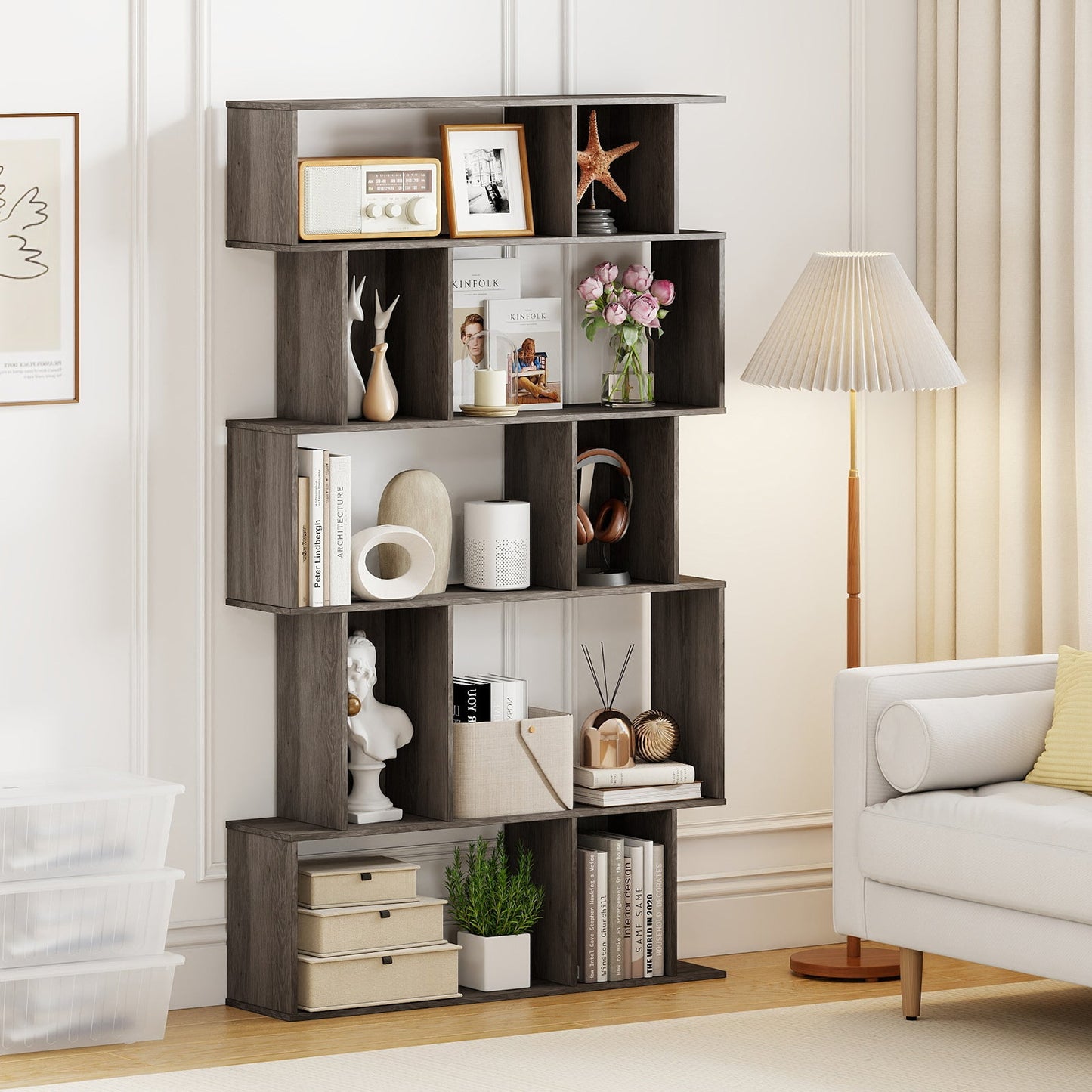 Geometric Bookshelf 5-Tier Bookcase with Open Shelves and Closed-back Cubes