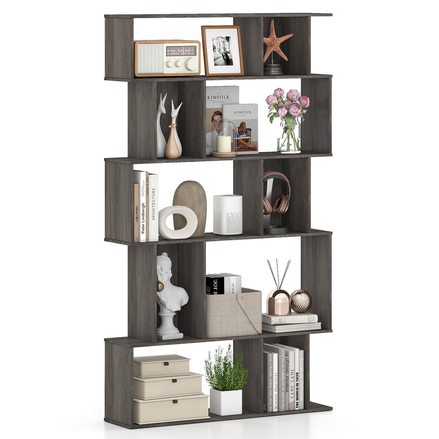Geometric Bookshelf 5-Tier Bookcase with Open Shelves and Closed-back Cubes