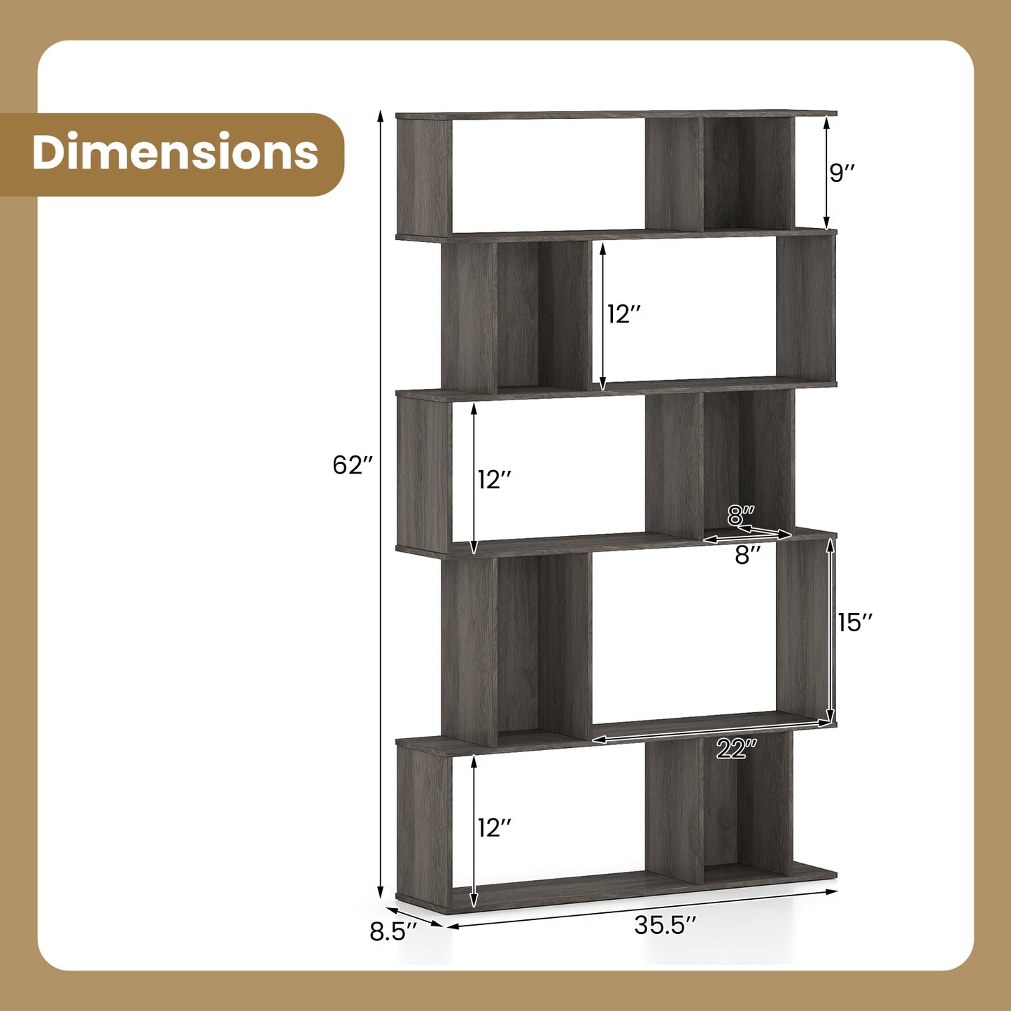 Geometric Bookshelf 5-Tier Bookcase with Open Shelves and Closed-back Cubes