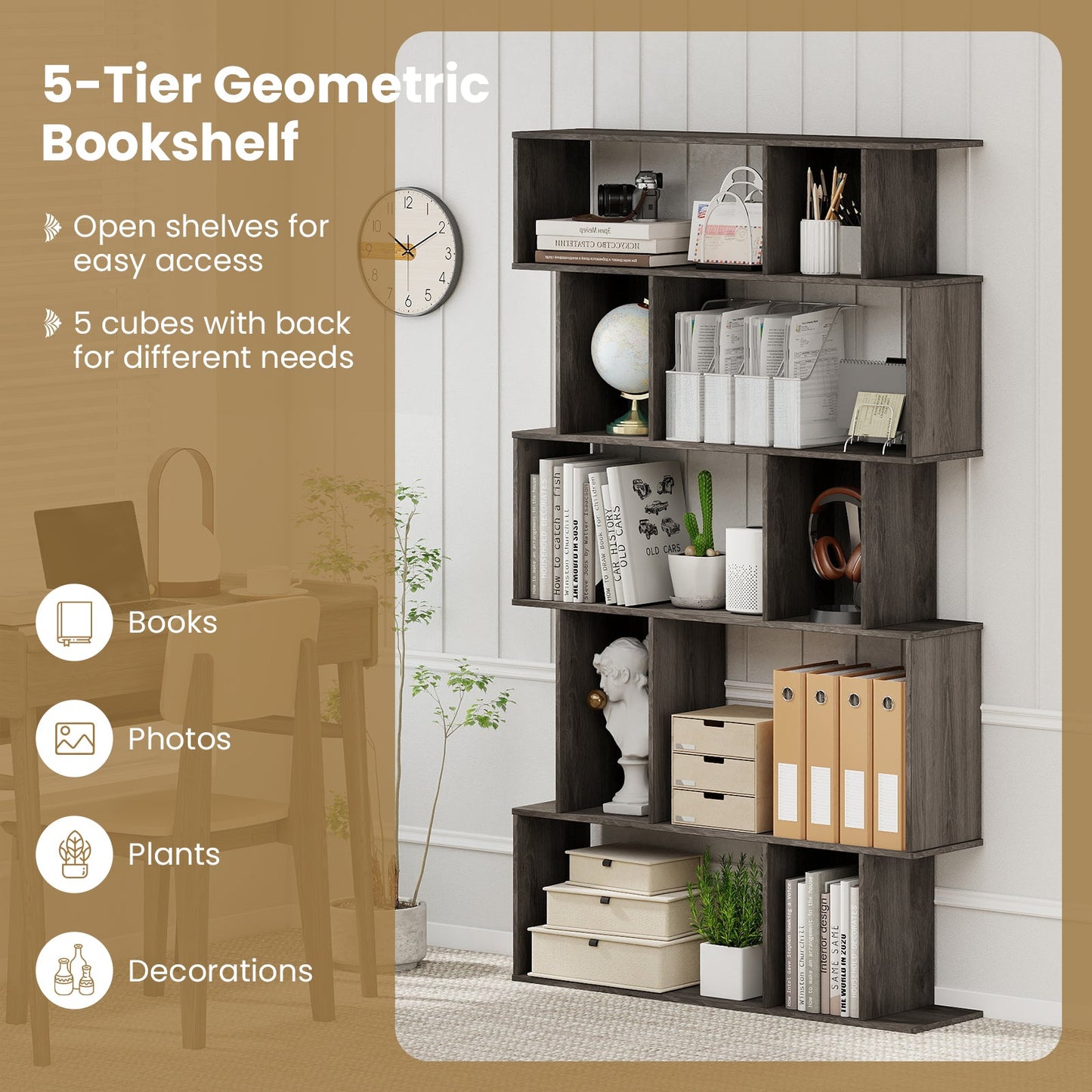 Geometric Bookshelf 5-Tier Bookcase with Open Shelves and Closed-back Cubes