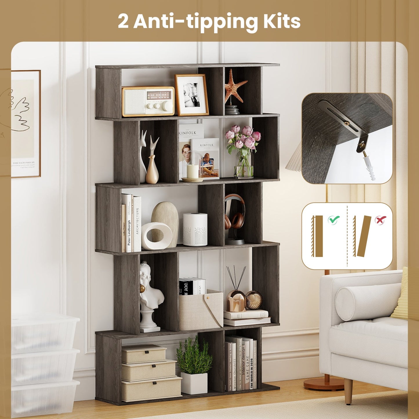 Geometric Bookshelf 5-Tier Bookcase with Open Shelves and Closed-back Cubes