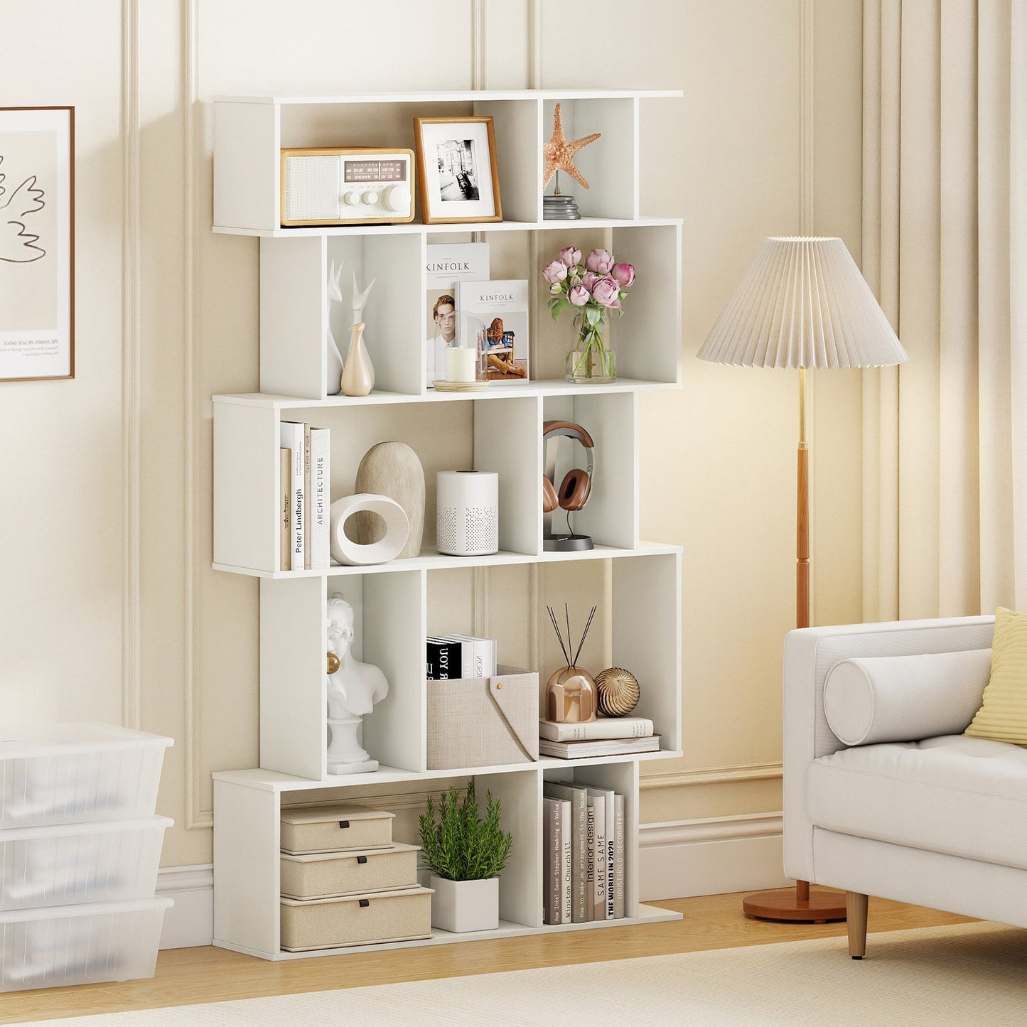 Geometric Bookshelf 5-Tier Bookcase with Open Shelves and Closed-back Cubes