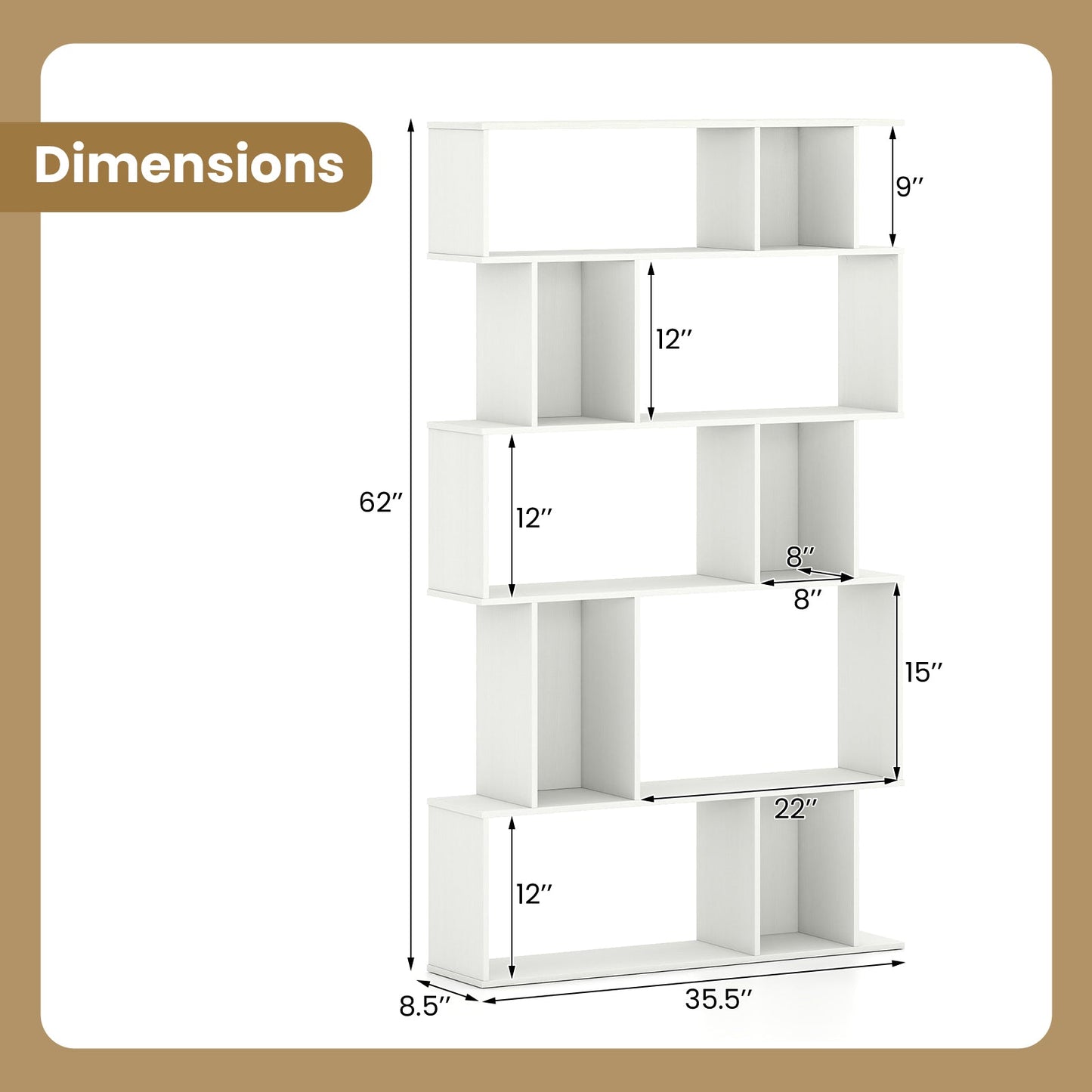 Geometric Bookshelf 5-Tier Bookcase with Open Shelves and Closed-back Cubes