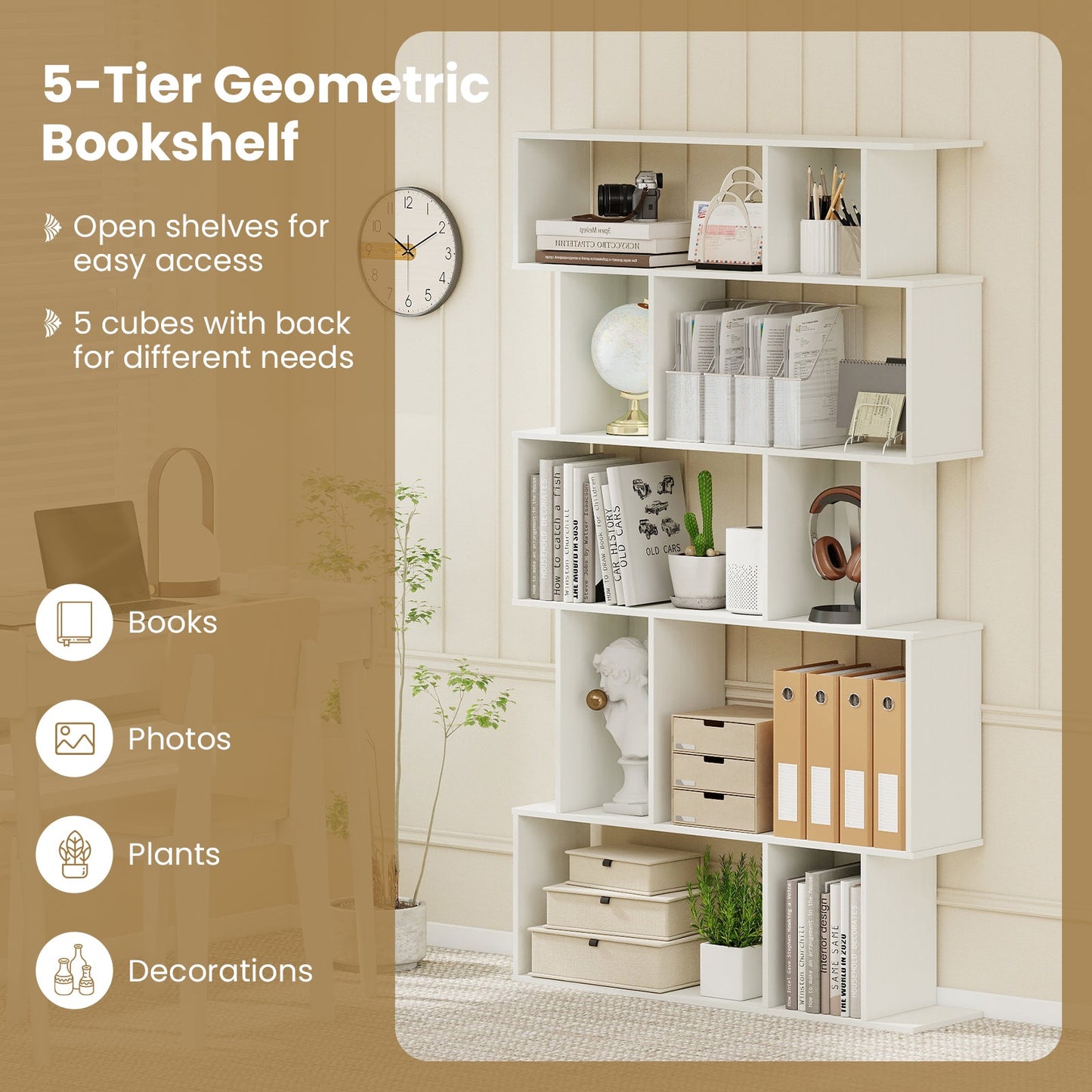 Geometric Bookshelf 5-Tier Bookcase with Open Shelves and Closed-back Cubes