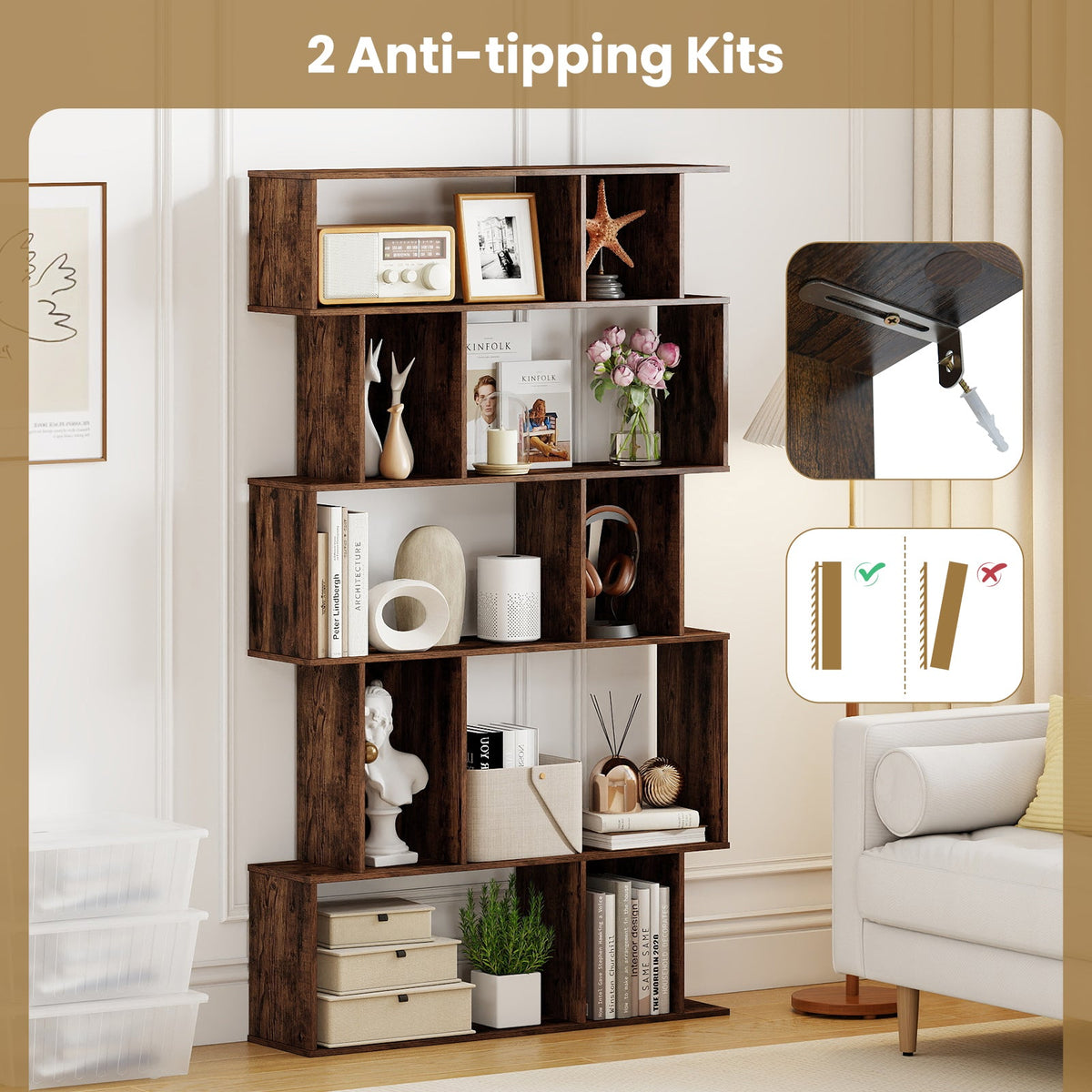 Geometric Bookshelf Set of 2 5-Tier Bookcase with Open Shelves and Closed-back Cubes